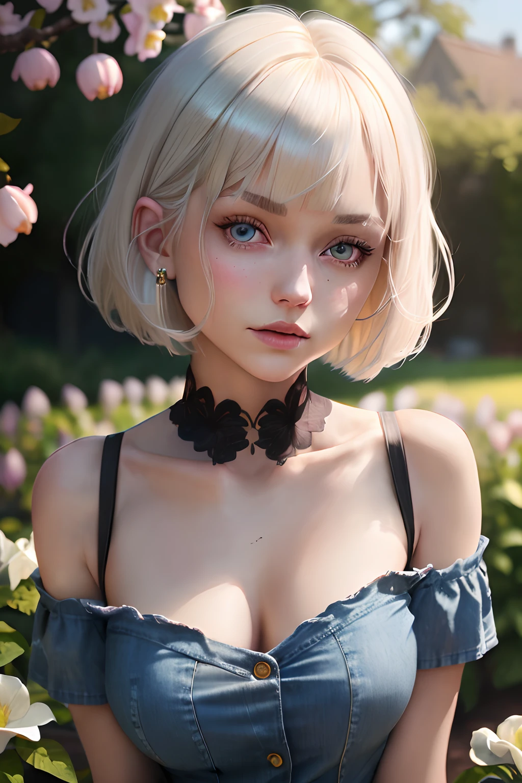 pretty 1girl, absurdres, 8k uhd, platinum blonde hair, bob cut, medium breasts, black tshirt, denim shorts, garden background, flowers, magnolias, apple tree, close up portrait