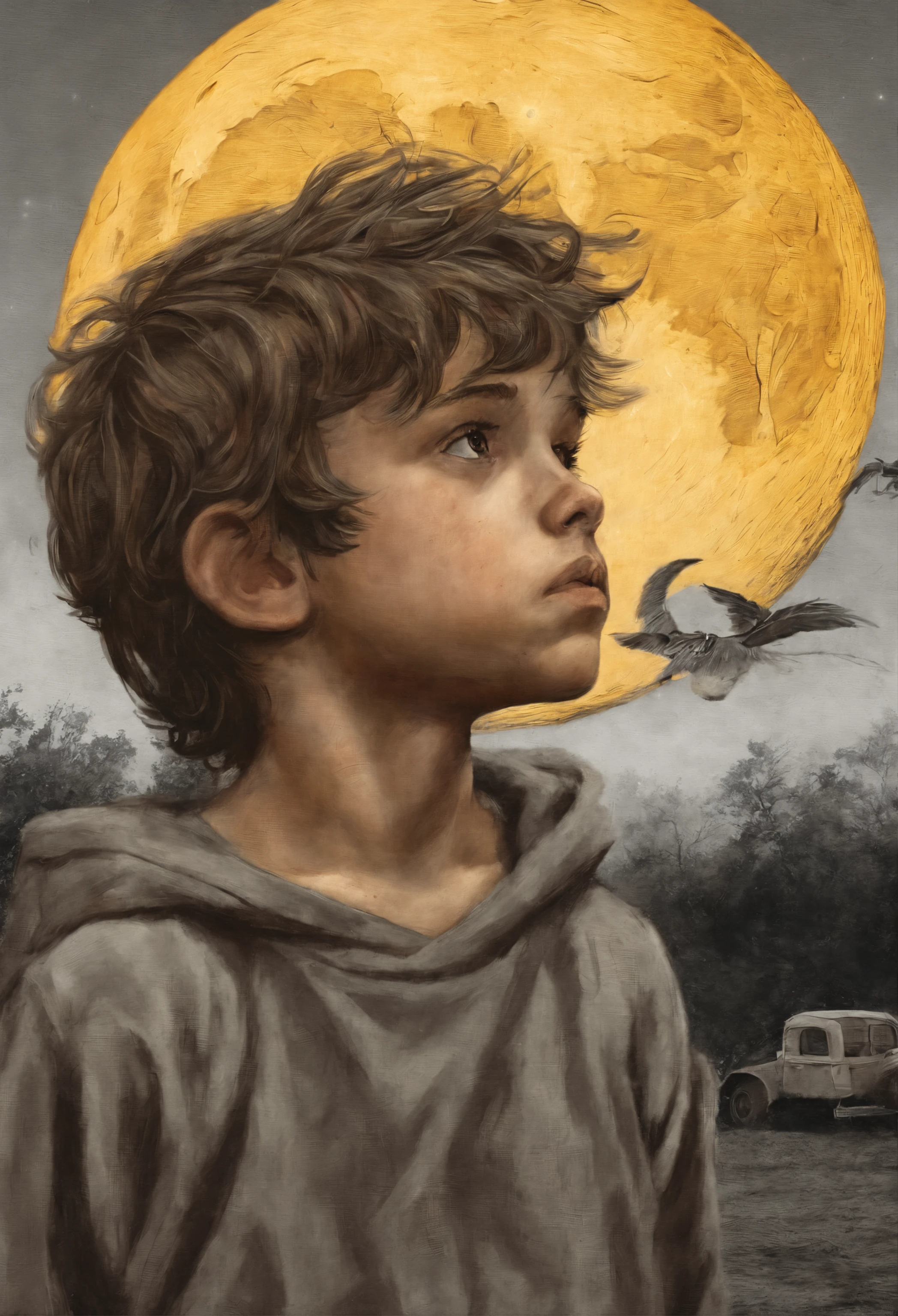 boy gazing at full yellow orange moon with sad broken heart