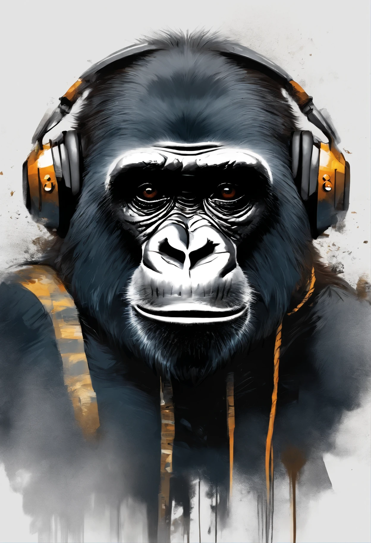 Perfect centering, a cute little gorilla, Wear a student team jacket, Wearing sunglasses, Wearing headphones, cheerfulness, Standing position, Abstract beauty, Centered, Looking at the camera, Facing the camera, nearing perfection, Dynamic, Highly detailed, smooth, Sharp focus, 8K, high definition resolution, illustration, Art by Carne Griffiths and Wadim Kashin, White background