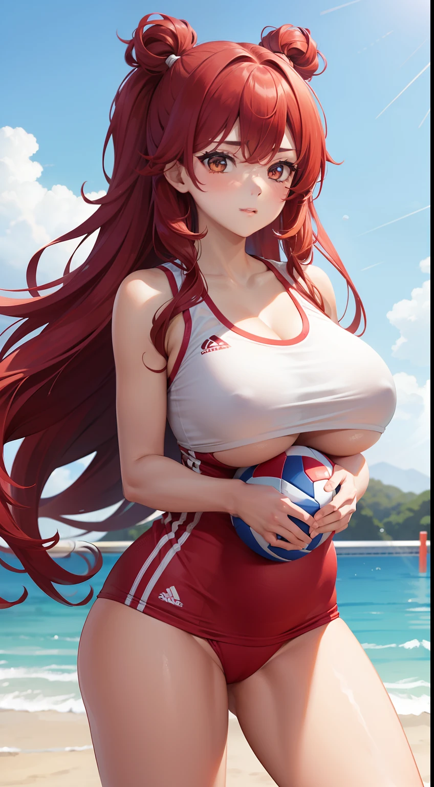 Girl, big boobs, red hair, long hair, white eyes, curly, sporty, volley ball