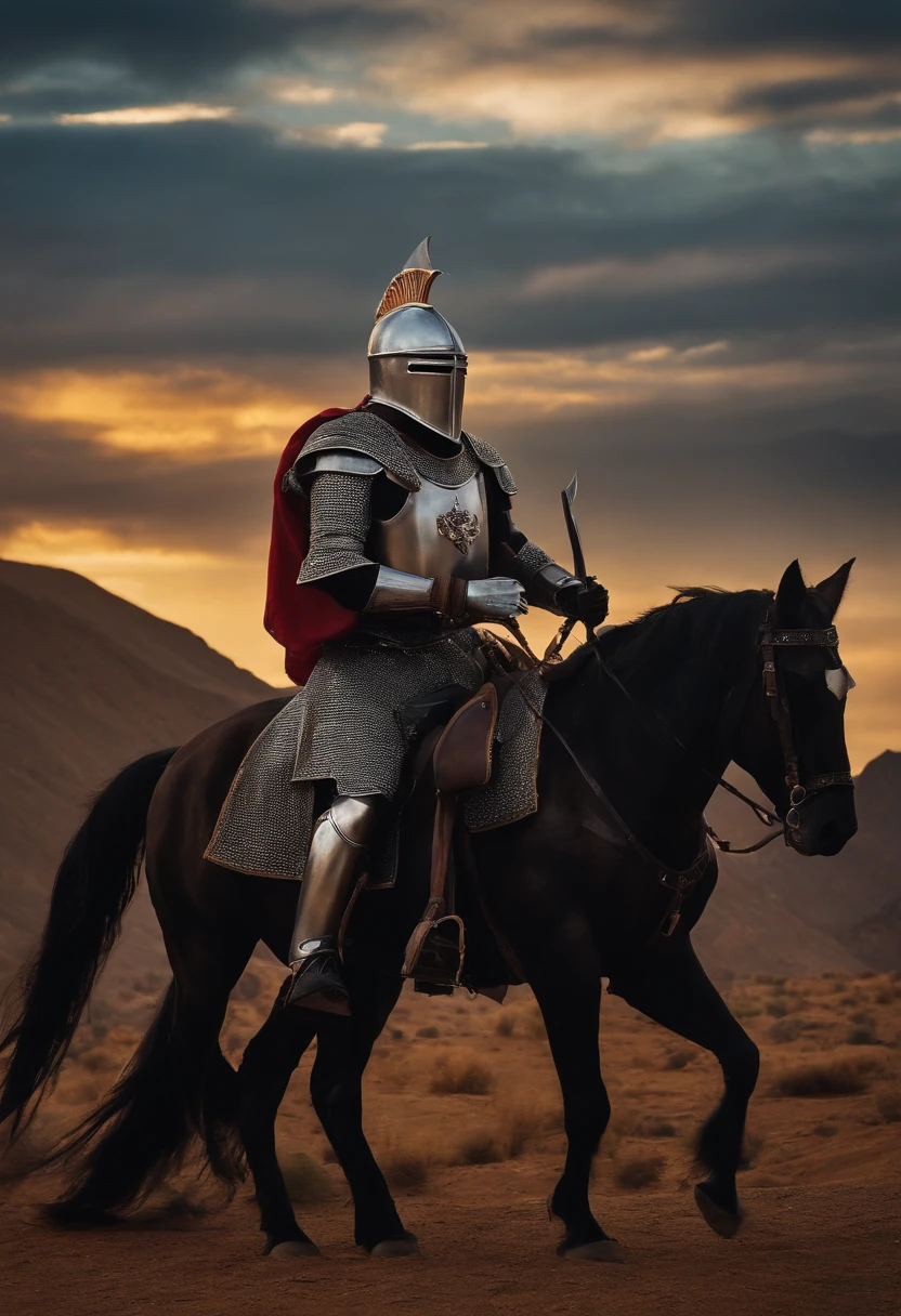 Looks like real, a knight in a dark armour, eating tacos, on top of the world