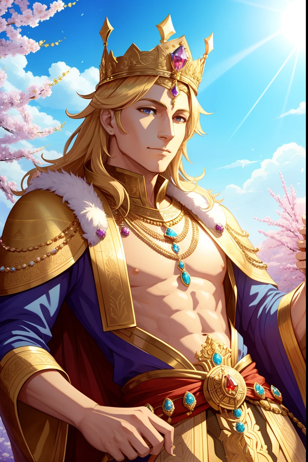 An image of a wealthy king, wearing a jeweled crown and other jewelry, holding coins in hand, background is springtime landscape, mood is productive constructive, bravery, power, daytime light, character design.