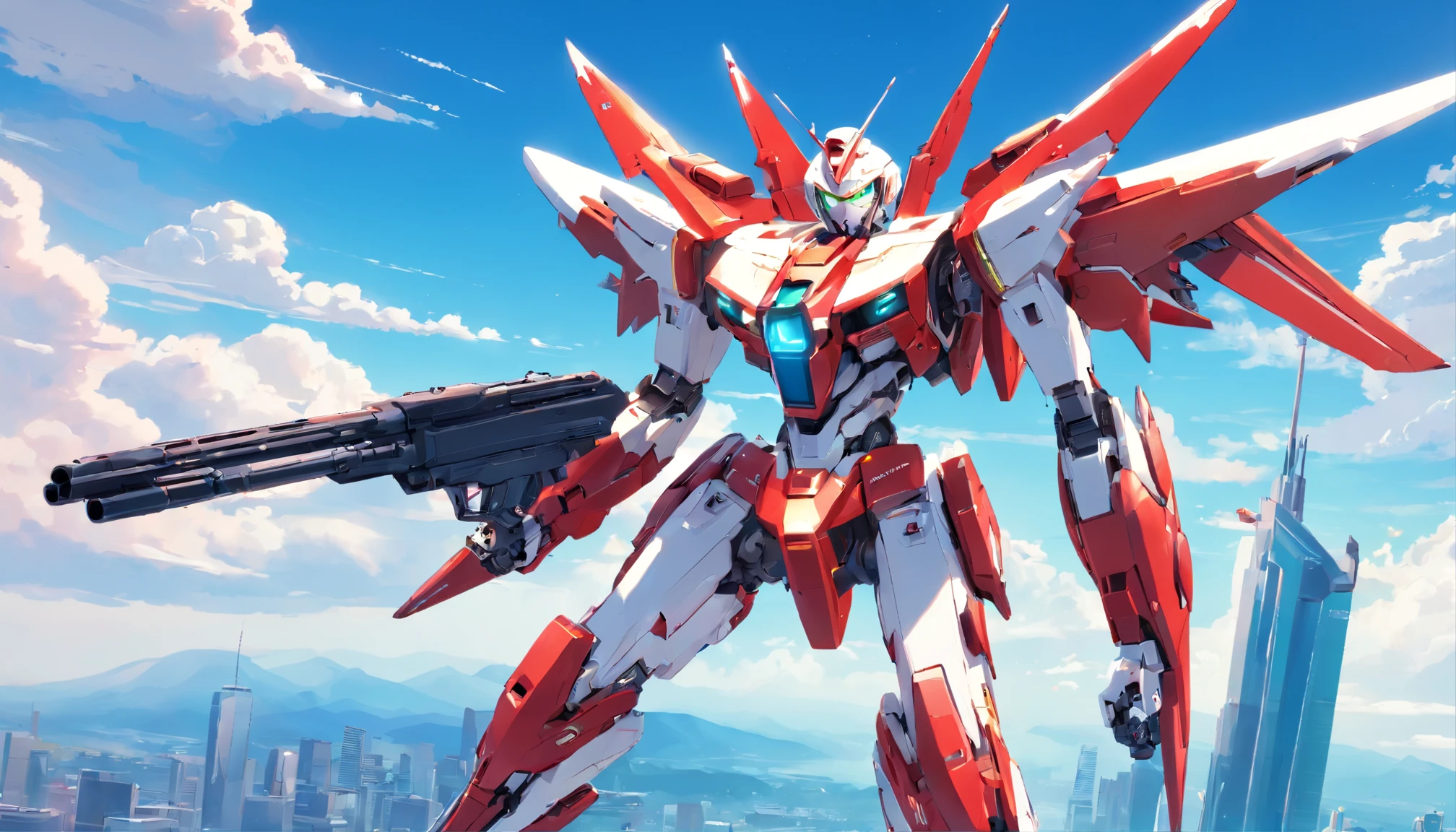 Female, mature face, red and white cyborg mech,holding gun,Complex mechanical structure,Mecha articulated wing metallic luster,Fly in the sky