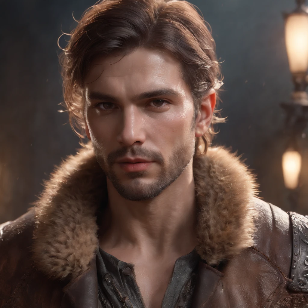 (professional 3d render:1.3) af (Realistic:1.3) most beautiful artwork photo in the world,Features soft and shiny male heroes, ((Epic hero fantasy muscle man rough wet hero angry look long hair short beard and ferocious expression in dynamic pose, Fantastic location, Majestic cluttered environment)), full body 8k unity render, action shot, skin pore, very dark lighting, heavyshading, Detailed, Detailed face, (vibrant, photograph realistic, Realistic, Dramatic, Dark, Sharp focus, 8K), (Old leather garments damaged by weathering:1.4), ((((Wear fur)))), (Intricate:1.4), decadent, (Highly detailed:1.4), Digital painting, rendering by octane, art stations, concept-art, smooth, Sharp focus, illustration, Art germ, (loish:0.23), wlop ilya kuvshinov, and greg rutkowski and alphonse mucha gracias, (Global illumination, Studio light, volumettic light), heavy rain, particles floating, lotr, fantasy, elf, full bodyesbian, ((Dark and ancient city background:1.3)),CGSesociety,art stations