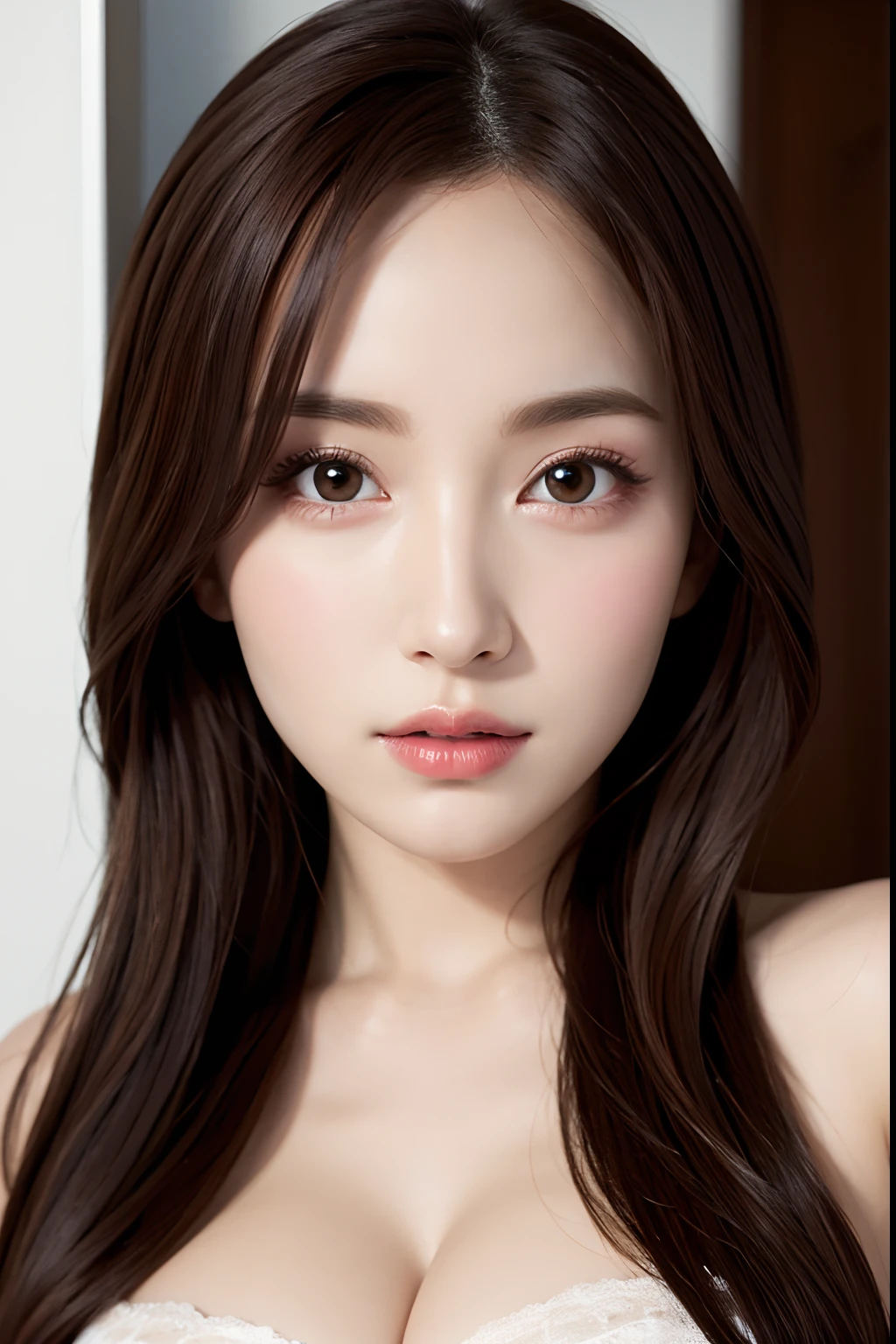 8K, Raw photography, Hyper-Realism, masterpiece, top-quality, hight resolution, Pin Light, Back lighting, ciinematic light, foco nítido, Hyper-detailing, finedetail, close up of face, write, 1girl in, Small and plump lips, Straight and cute nose, Egg-shaped face with long and cute eyelashes, The upper part of the body, cleavage of the breast, (Look at viewers)