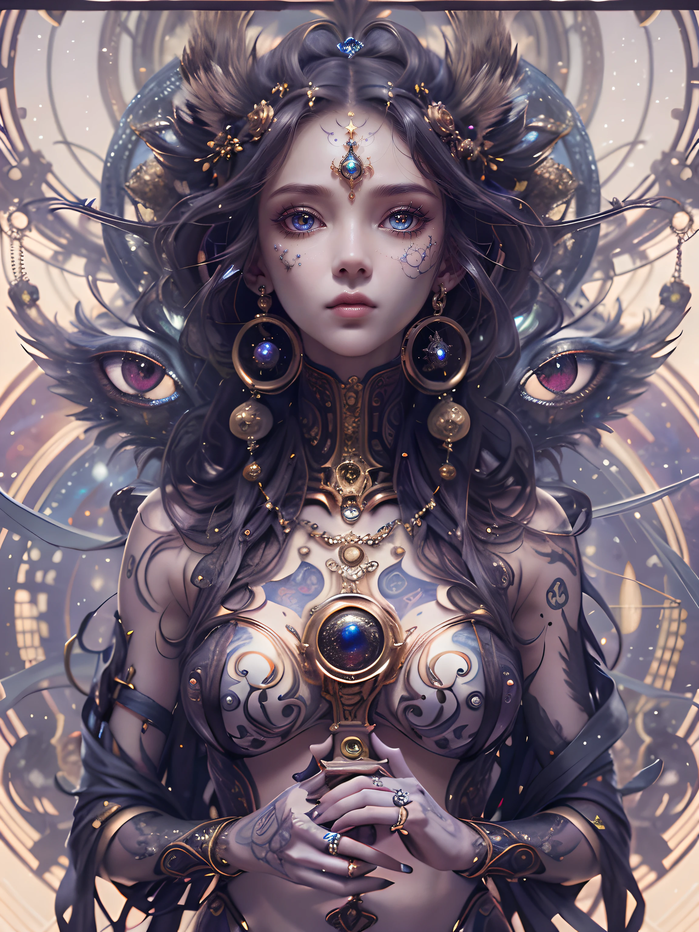 (best qualtiy,ultra - detailed,Most Best Illustration,Best shadow,tmasterpiece,A high resolution,professionalartwork,famousartwork),Detailed eyes,beautidful eyes,closeup cleavage,sci-fy,colored sclera,Robot eyes,face markings,Tattooed with,(fractalized,Fractal eyes),largeeyes,Wide eyes,(Eye focus),sface focus,Cosmic eyes,Space eyes,Close-up of metal sculpture of a woman with a moon in her hair,goddes。extremly high detail,3 d goddess portrait,Extremely detailed footage of the goddess,a stunning portrait of a goddess,Side image of the goddess,portrait of a beautiful goddess,Full body close-up portrait of the goddess,hecate goddess,portrait of a norse universe goddess,goddess of space and time