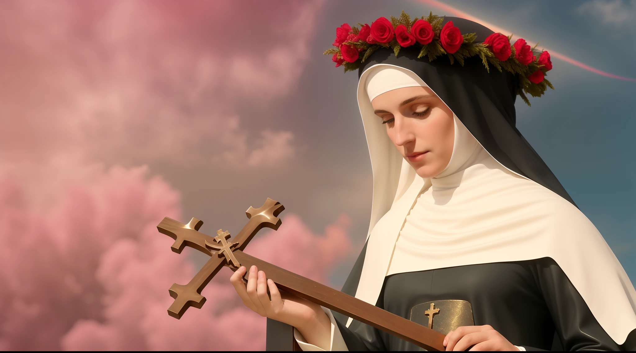 Statue of a nun holding a cross and a wreath, majestosa mulher de santo, santa mulher, christian saint, Rosen Maiden, santo, padroeiro do 🛸🌈👩🏾, santas mulheres, Santo ortodoxo, Catholic, imaculadamente detalhado, Virgem Maria, imagens religiosas, christian saint rosace, queen of heaven, Holy funny portrait, Bem Modelo de Moda