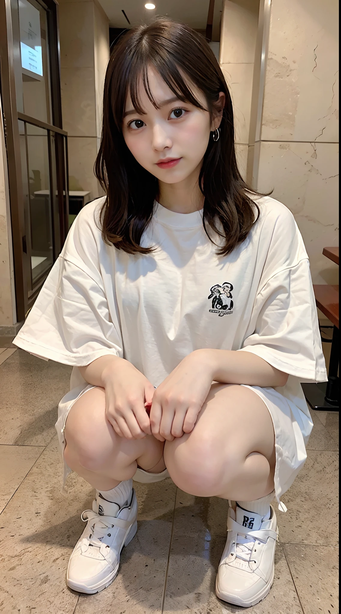(Oversized_Shirt:1.1)、Oversized_Shirt、
Good Hand、4K、hight resolution、​masterpiece、top-quality、((Hasselblad photo))、foco nítido、(cinematlic lighting)、beautiful  lighting、dynamic ungle、[:(Detail Face:1.2):0.2]、Very pretty woman、Women of short stature、sixteen years old、Attractive paws、Emphasis on the thighs、thick thight、Beautiful legs、Ecchi thighs、White shirt、Healthy complexion、squatting and opening legs