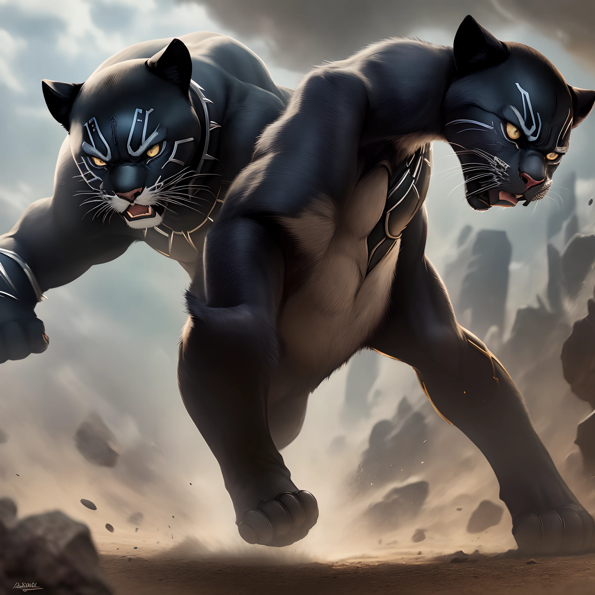 Black panther looking in anger with one foot forward
