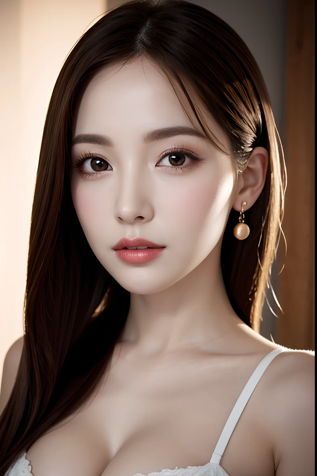 in 8K, Raw photography, Hyper-Realism, masterpiece, top-quality, hight resolution, Pin Light, Back lighting, ciinematic light, foco nítido, Hyper-detailing, finedetail, close up of face, write, 1girl in, Small and plump lips, Straight and cute nose, Egg-shaped face with long and cute eyelashes, The upper part of the body, cleavage of the breast, (Look at viewers), (bobhair)