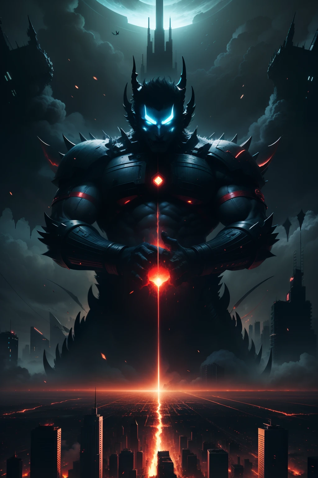 mini city and big demon destroy city, dark theme