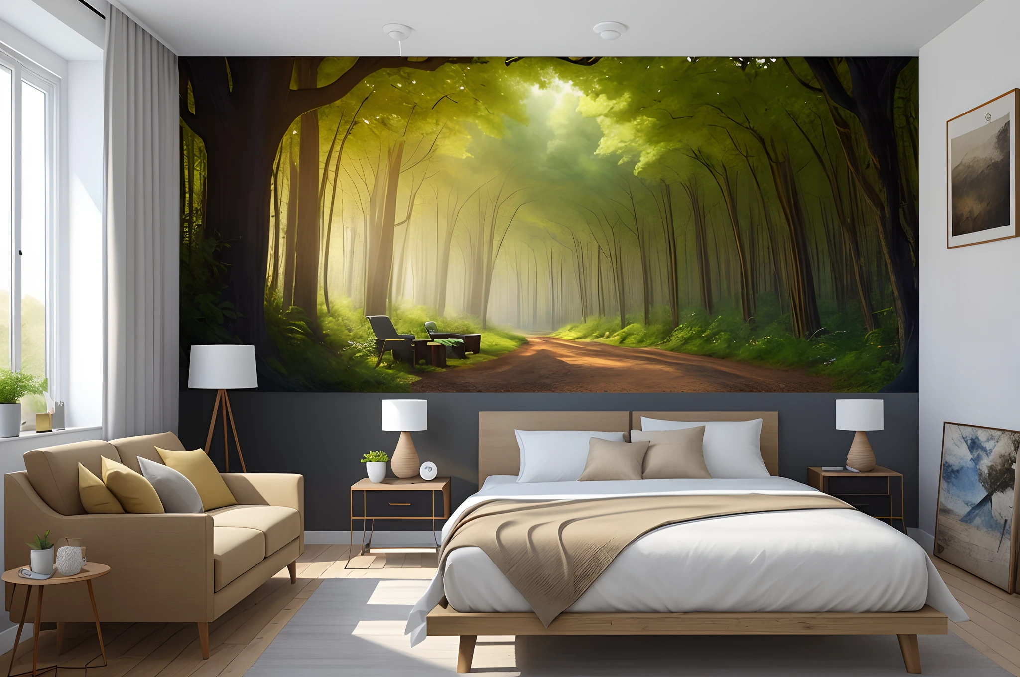 Best inner room design, modern room,beautiful bed and sofa,beautiful nature wall painting