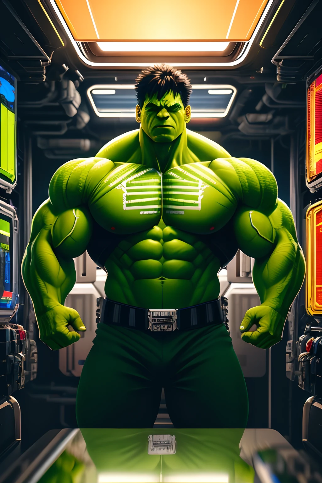 Hulk, muscular, ciberpunk (masterpiece:1.2), at space, space station, (best quality), (ultra detailed), (8k, 4k, intricate),(highly detailed:1.2),