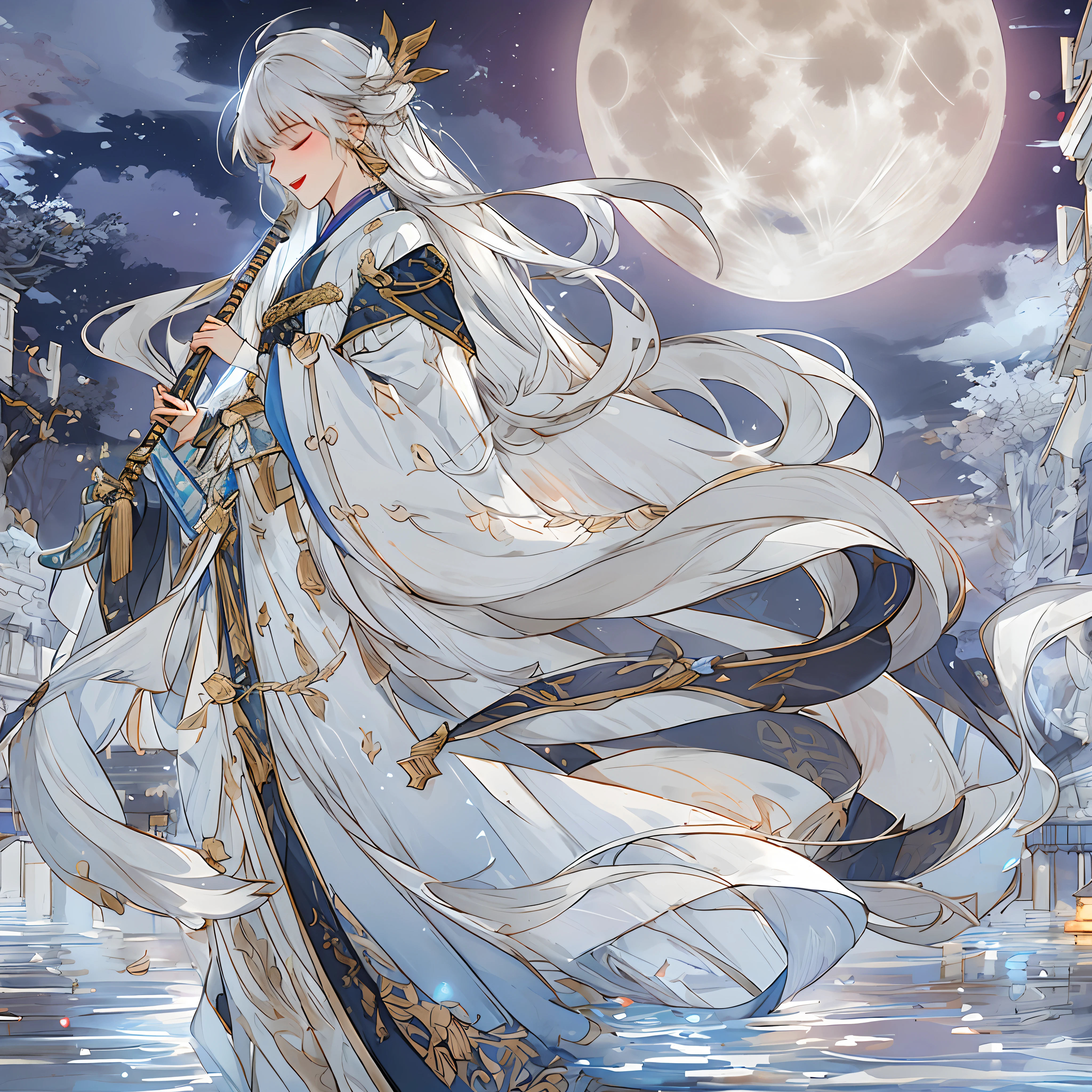 The male，Male，shoun，Libido boy，White Hanfu，long  white hair，Long flowing hair，Wide robe with large sleeves，年轻，Young，Ancient wind，Solid color clothes，The clothes do not have any patterns，adolable，laughingly，flood，softlighting，Flat painting style，aquarelle，water ink，Behind it is the full moon，low-saturation，low-contrast，big laughter，Pleasure