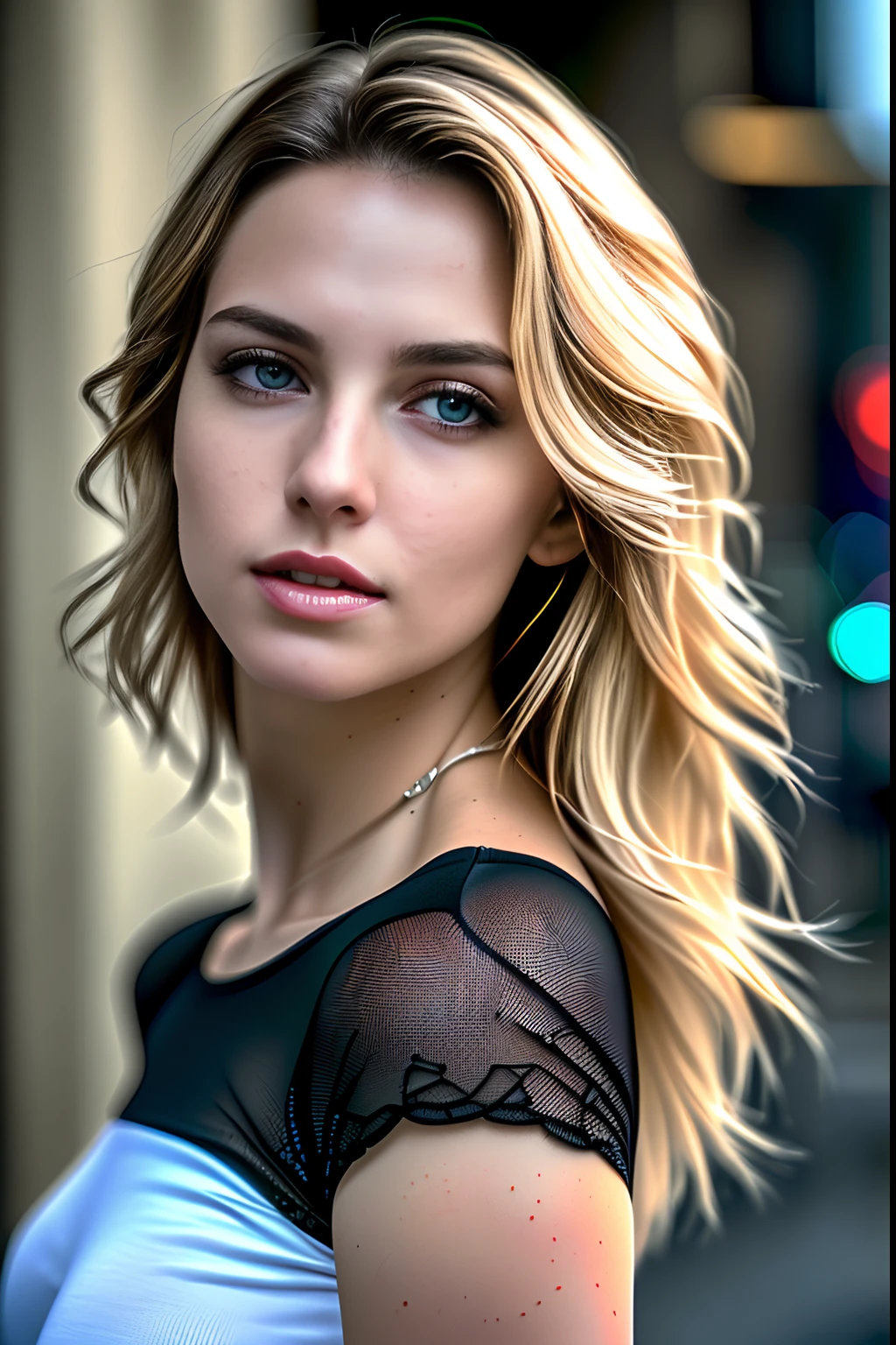 gorgeous woman with extra long wavy blonde hair, detailed alluring eyes, long sexy legs, wearing tiny shorts, t-shirt, ((detailed facial features)), (finely detailed skin), pale skin, realistic skin texture, extreme skin details, (pores:0.1), in the background beautiful futuristic cyberpunk city, best quality masterpiece, photorealistic, hyperrealistic, detailed, 8k, HDR, (Soft color: 1.2), shallow depth of field, broad light, high contrast, backlighting, bloom, light sparkles, chromatic aberration, sharp focus, RAW color photo