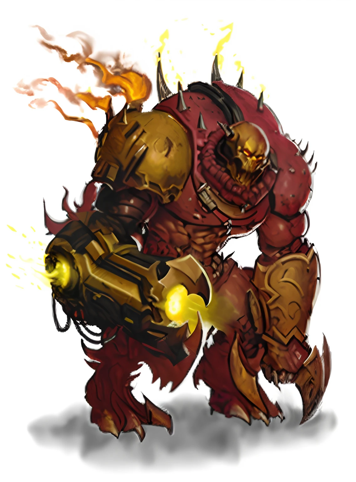 A close-up of a cartoon character with fire and flames, Doom Eternal Art Style, Doom Monster, Doom Demon, Zombie de Doom Eternal, From Doom and Warhammer, Doom Slayer de Doom Eternal, Inspired by Doom, fantasy art of doom slayer, tremblement de terre strogg, Doom Guy, doom guy resembling samus, Doom Hell theme, de Doom, Doom Eternal Concept Art