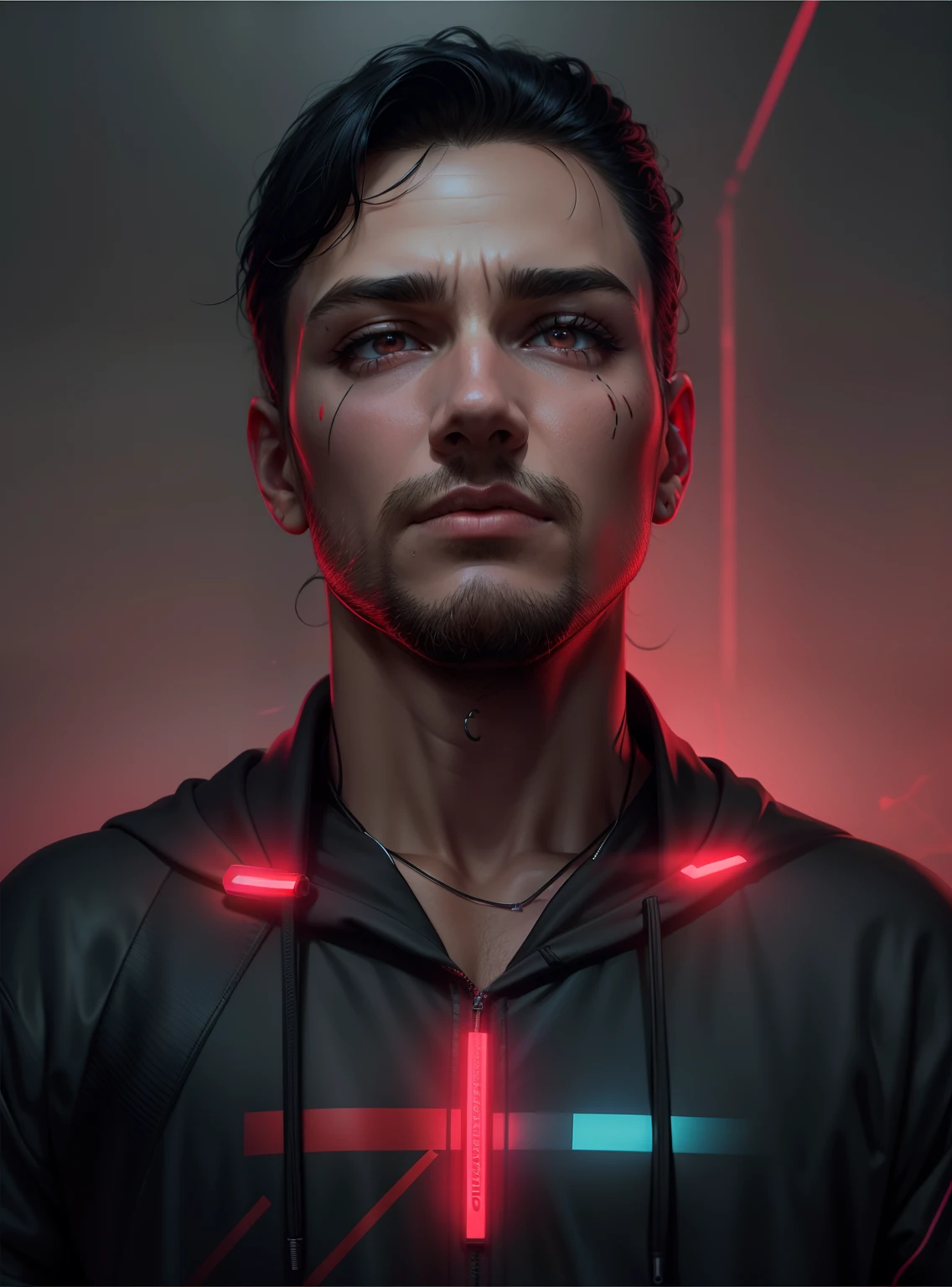 Realistic face, realistic skin, realistic pitch black hoodie with neon red line cyberpunk background , enhance quality