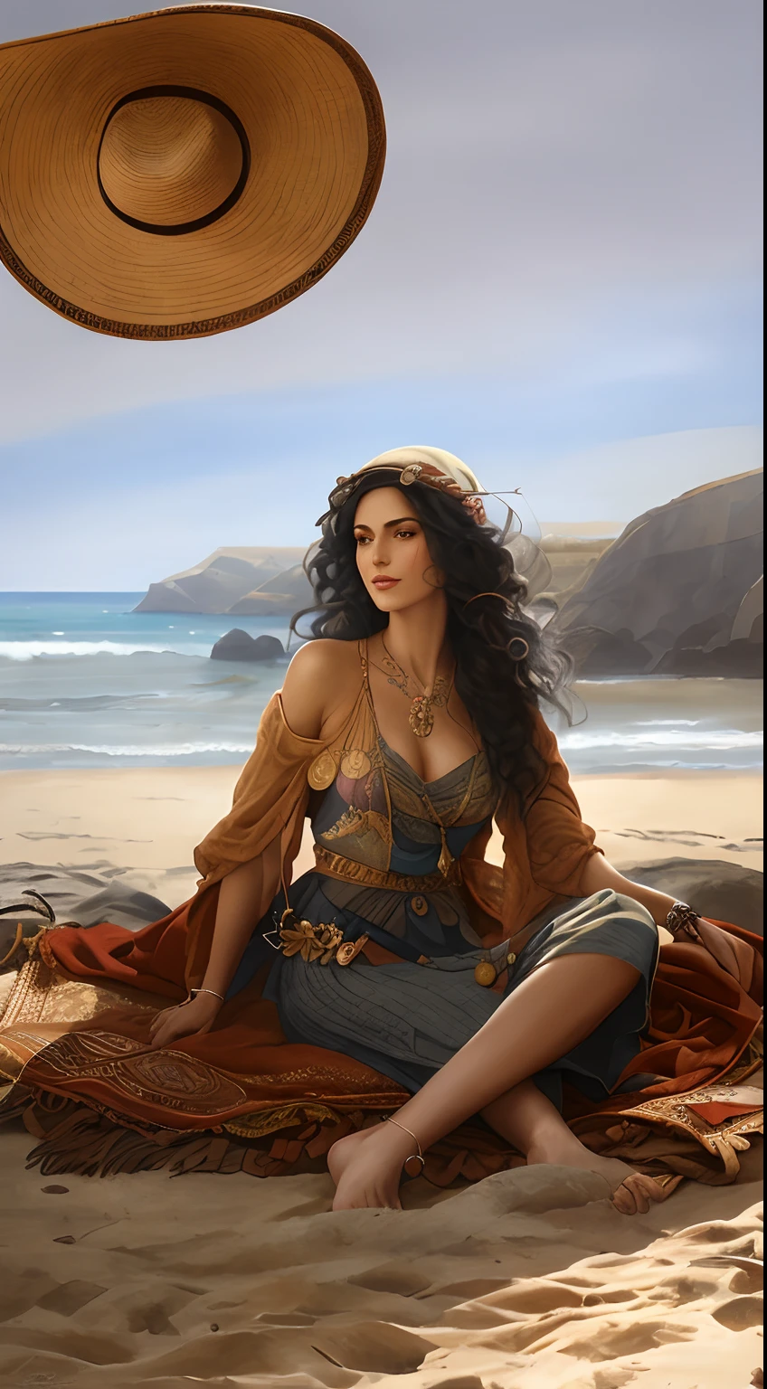 woman sitting on a blanket on the beach with a hat on, by tom bagshaw and boris vallejo, graphic artist magali villeneuve, magali villeneuve', inspired by Ruth Sanderson, by Alexander Kucharsky, inspired by Cynthia Sheppard, by Galen Dara, realistic fantasy illustration, portrait of bedouin d&d, inspired by Kerembeyit