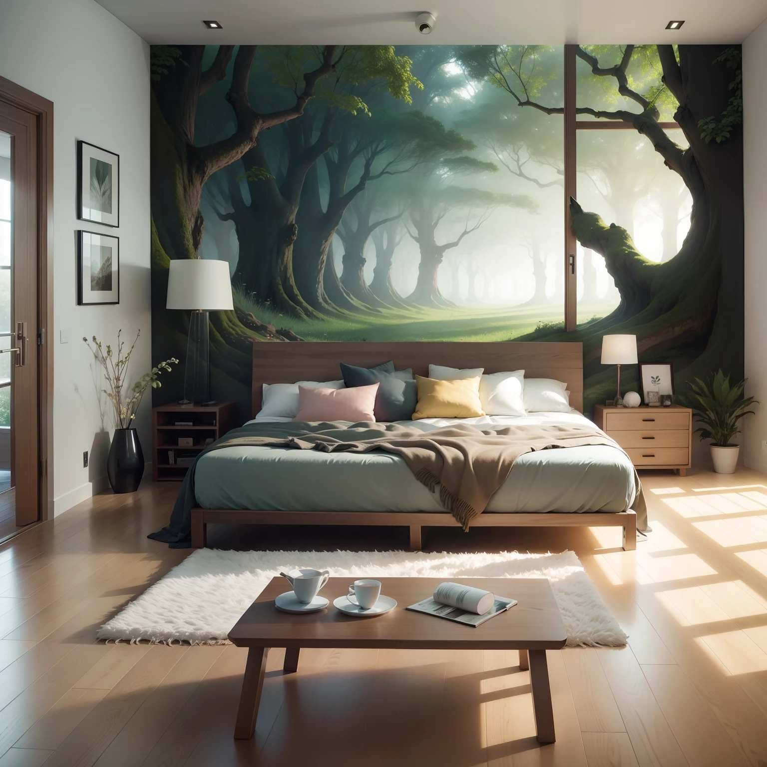 Best inner room design, modern room,beautiful bed and sofa,beautiful nature wall painting