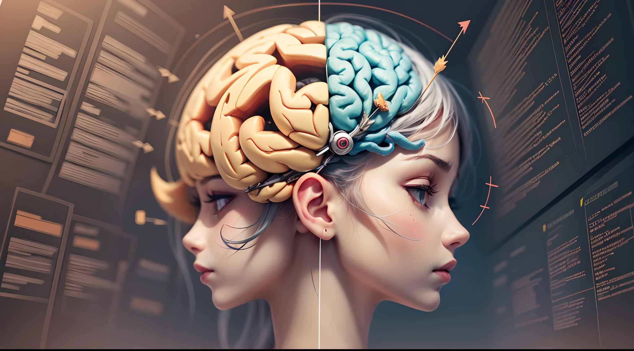 A brain with arrows indicating the areas related to memory, creativity, mood and stress.