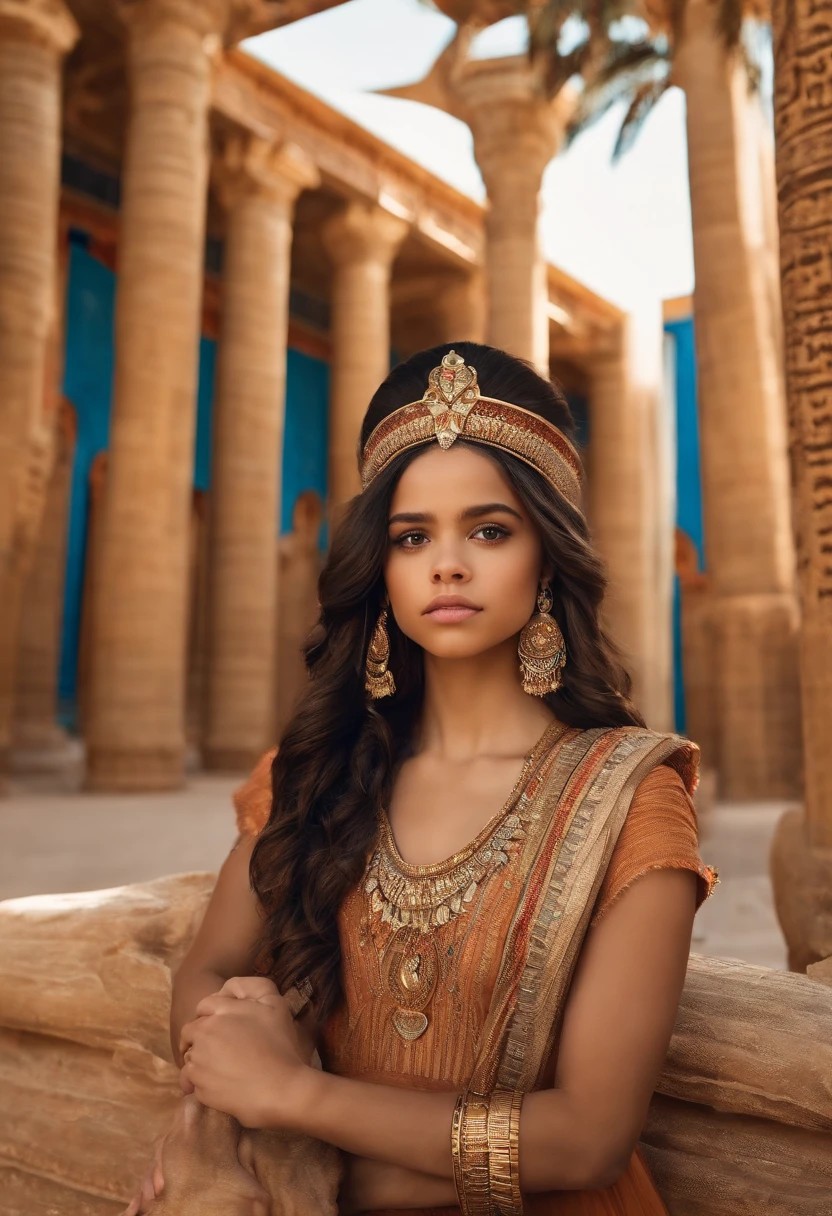 adult Jenna Ortega as an Egyptian princess, the background is an Egyptian palace