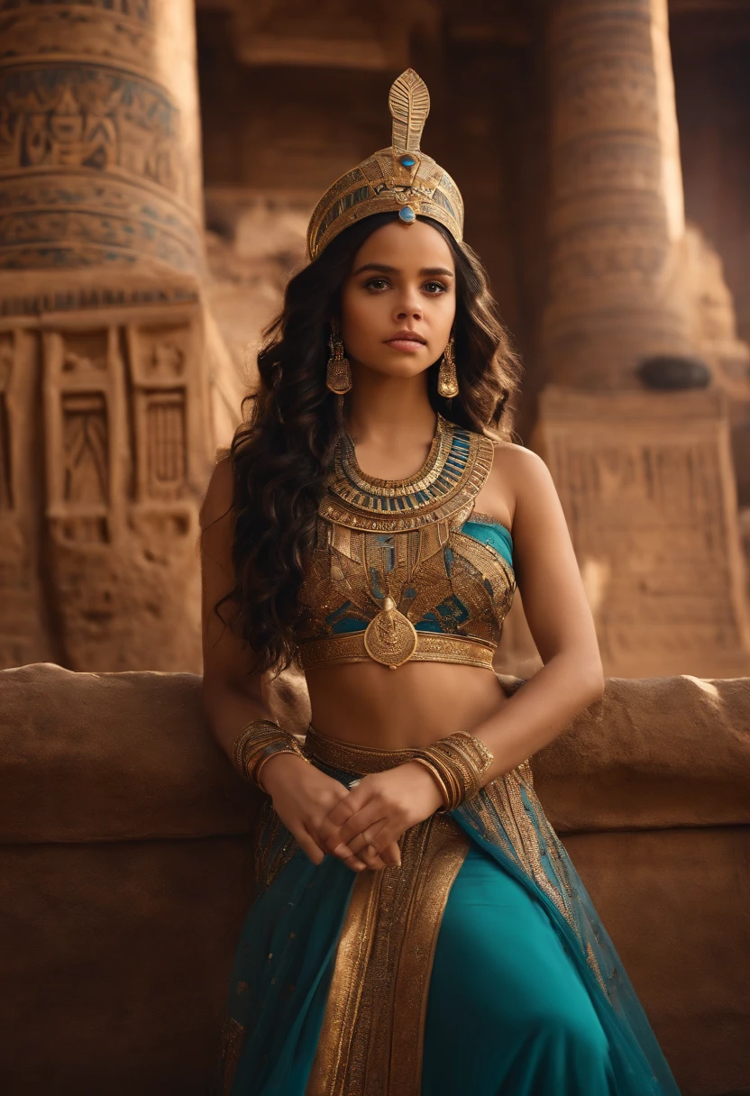 adult Jenna Ortega as an Egyptian princess, the background is an Egyptian palace