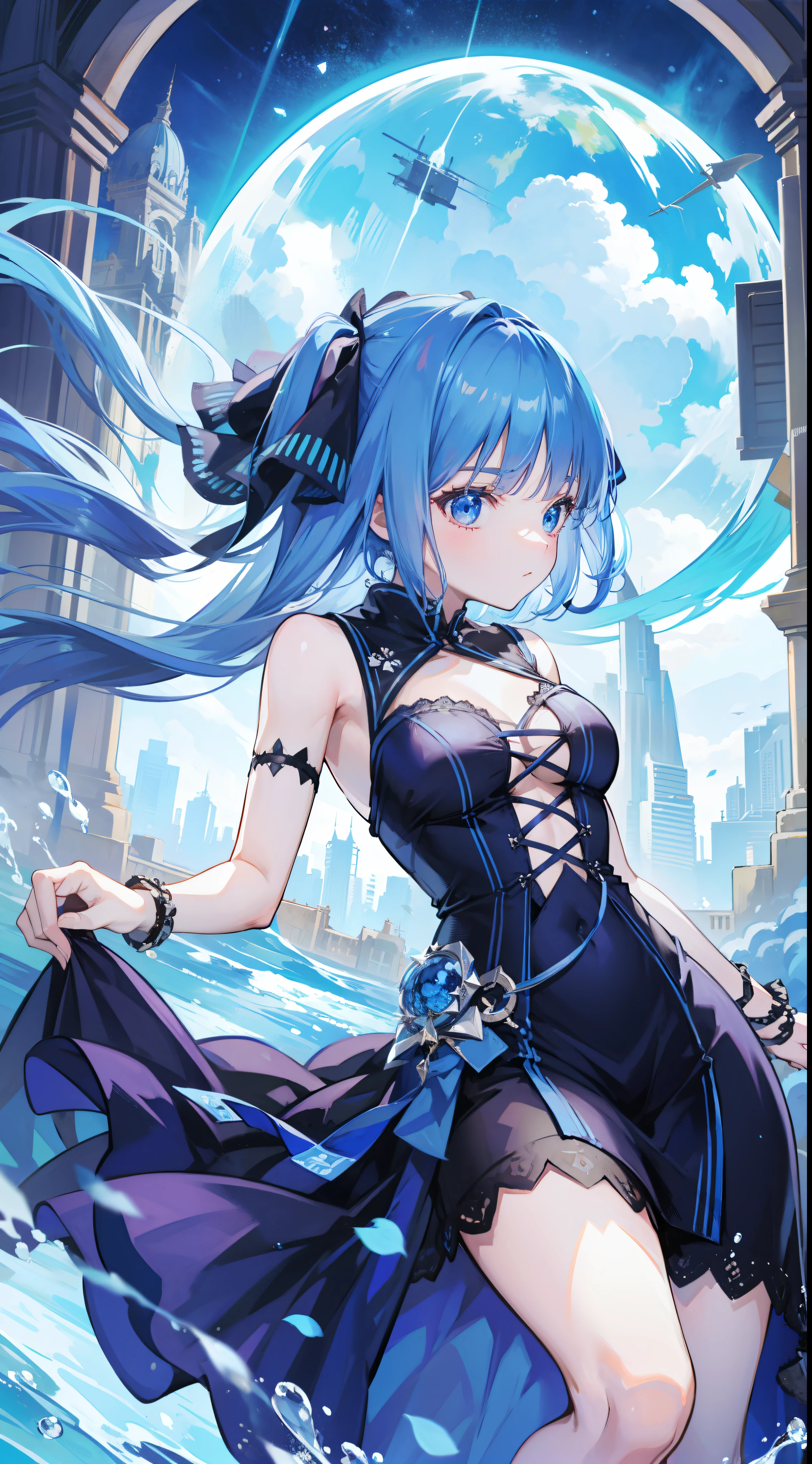 Blue hair girl with two bows on her hair