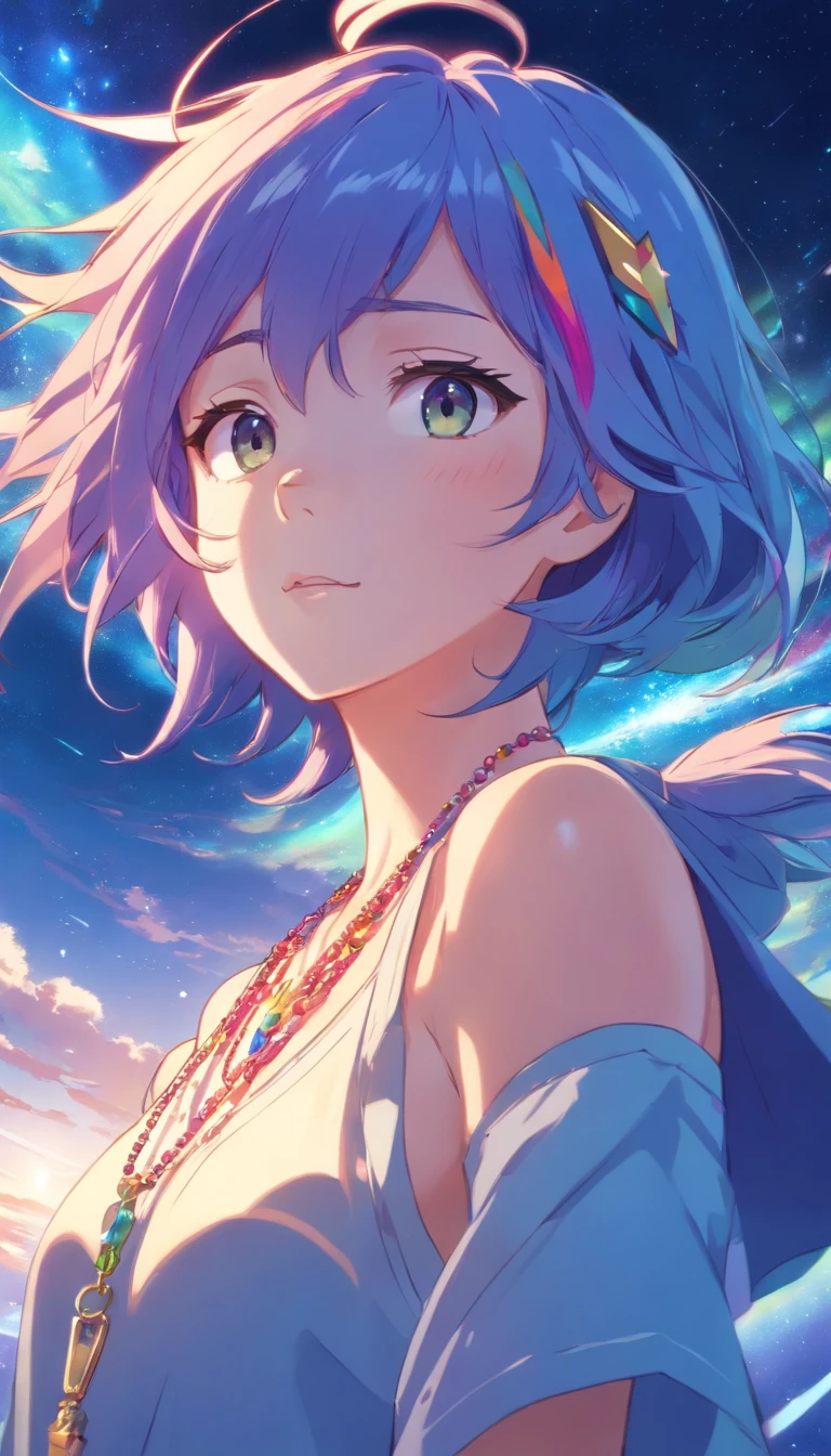 Close-up of a man with colored hair and a necklace, anime girl with cosmic hair, Rosla's soft vibrancy, Guvez style art, fantasy art style, coloring], vibrant fantasy style, Vibrant Ross cartoons, cosmic and colorful, Guviz, colorfull digital fantasy art, Impressive art style, Nice anime style, shinny hair