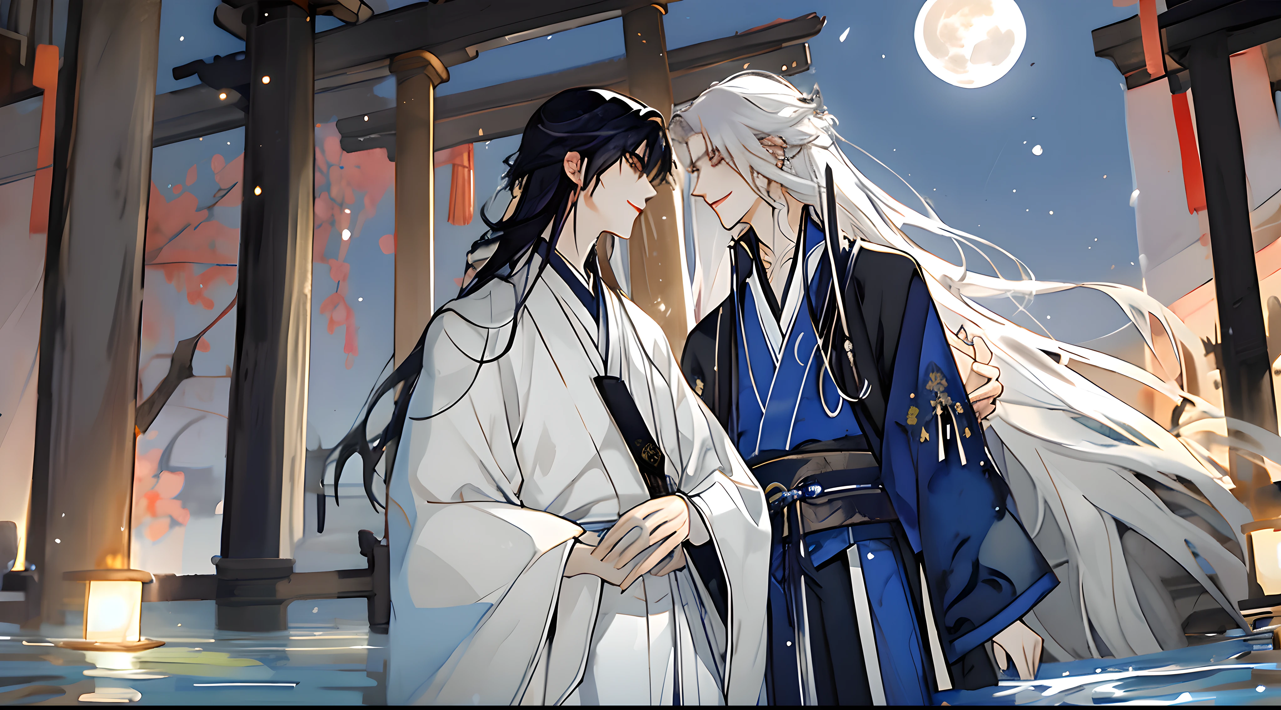 The male，Male，shoun，Libido boy，White Hanfu，long  white hair，Long flowing hair，Wide robe with large sleeves，年轻，Young，Ancient wind，Solid color clothes，The clothes do not have any patterns，adolable，laughingly，flood，softlighting，Flat painting style，aquarelle，water ink，Behind it is the full moon，low-saturation，low-contrast，big laughter，Pleasure