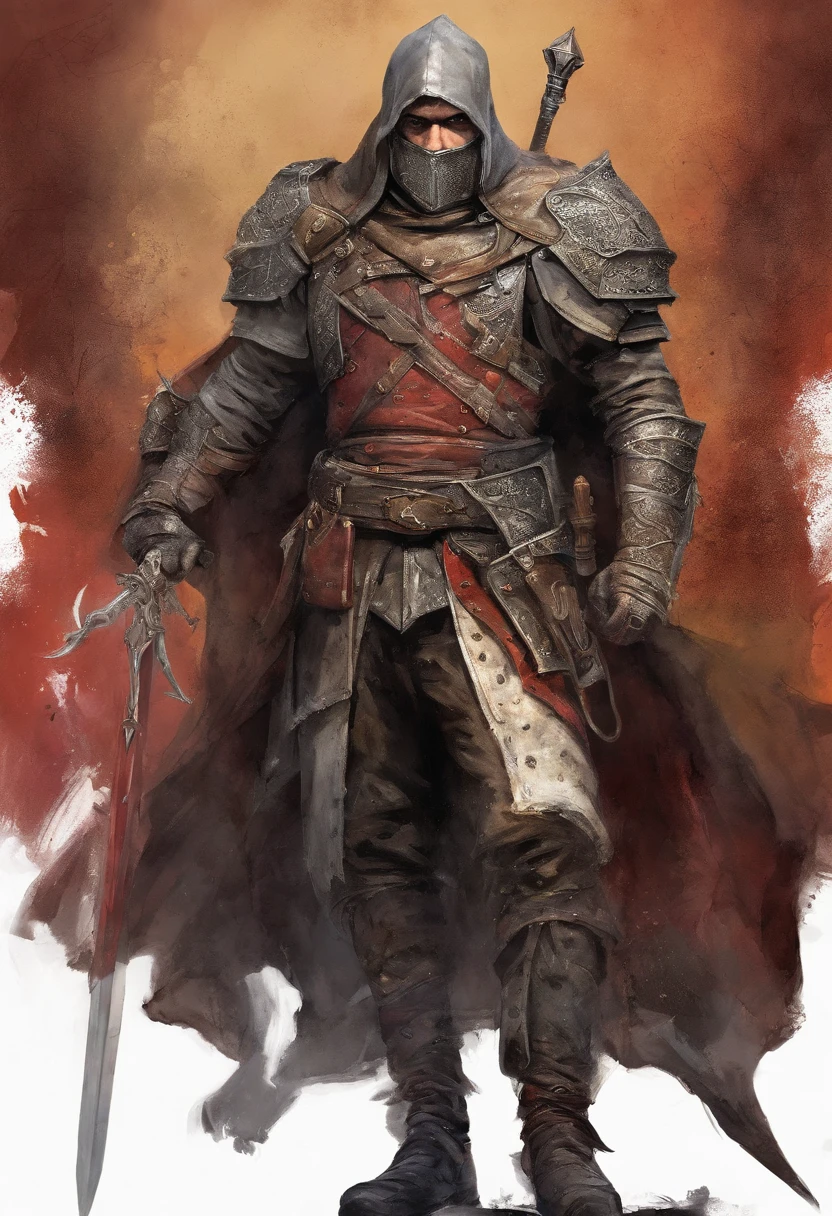 (Unidade CG ultra-detalhada papel de parede 8K, Master Parts, best quality, profundidade de campos, HDR, Intrincado), alto, The warrior is Nero from Devil May Cry,Armadura clara por baixo e casaco escuro com capuz por cima,He holds in one hand a sword of light and in the other a sword of shadows,Entre na aldeia em chamas, (Intrincado: 1.4) (Master Parts: 1.4) (illustration: 1.4), red studio lighting, Post-processing, 8K resolution, fundo escuro profundo, imponente, Fotos bem compostas, impressionante, fantacidade sombria (diretor: Greg Rutkovsky: 1.2), (escurecer: 1.5)