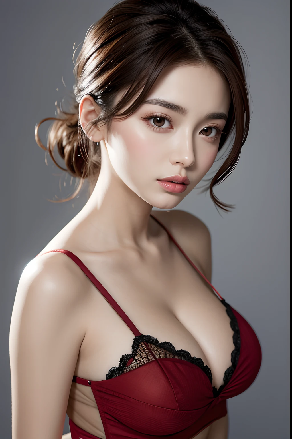in 8K, nffsw, Hi-Res, a picture, Raw photography, Hyper-Realism, masterpiece, top-quality, hight resolution, Pin Light, Back lighting, ciinematic light, foco nítido, Hyper-detailing, 1girl in, A detailed eye, Small and plump lips, Straight and cute nose, cheekbones turn a little red, thick eyebrow, Egg-shaped face with long and cute eyelashes, cleavage of the breast, Facing the front, Look at viewers, simple background