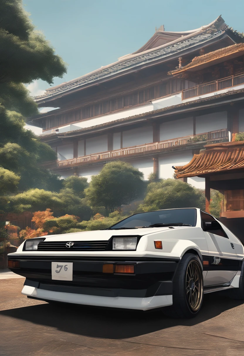 Vista de cima da lateral do Toyota AE86, estilo anime nos anos 90, arte detalhada do anime, Arte de anime vintage dos anos 90, detailed representation of Toyota AE86 traditional anime shading, Art with a retro vibe, nostalgia, Clean and crisp details, arte com senso de movimento, alto contraste, ultra-detalhado