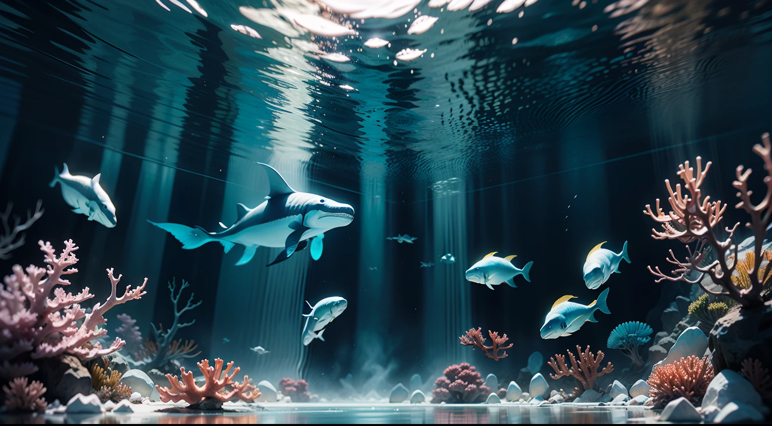 Floating coral，Swim through quickly，Sense of speed，sprint，Back of giant great white whale，Ice-like coral，Pink blue