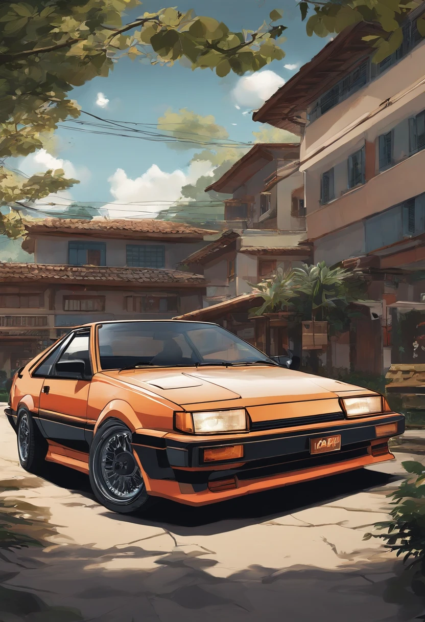 Vista de cima de um Toyota AE86, estilo anime nos anos 90, arte detalhada do anime, Arte de anime vintage dos anos 90, detailed representation of Toyota AE86 traditional anime shading, Art with a retro vibe, nostalgia, Clean and crisp details, arte com senso de movimento, alto contraste, ultra-detalhado