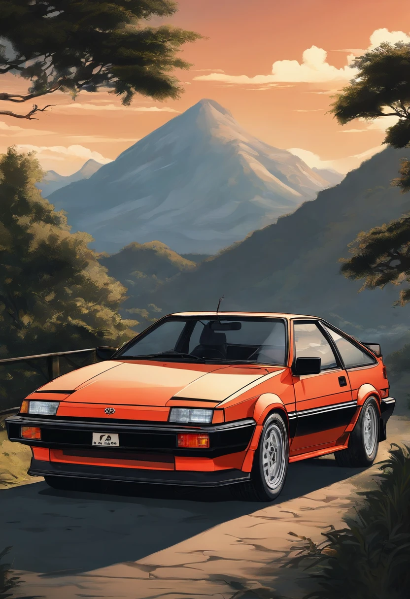 Vista de cima de um Toyota AE86, estilo anime nos anos 90, arte detalhada do anime, Arte de anime vintage dos anos 90, detailed representation of Toyota AE86 traditional anime shading, Art with a retro vibe, nostalgia, Clean and crisp details, arte com senso de movimento, alto contraste, ultra-detalhado