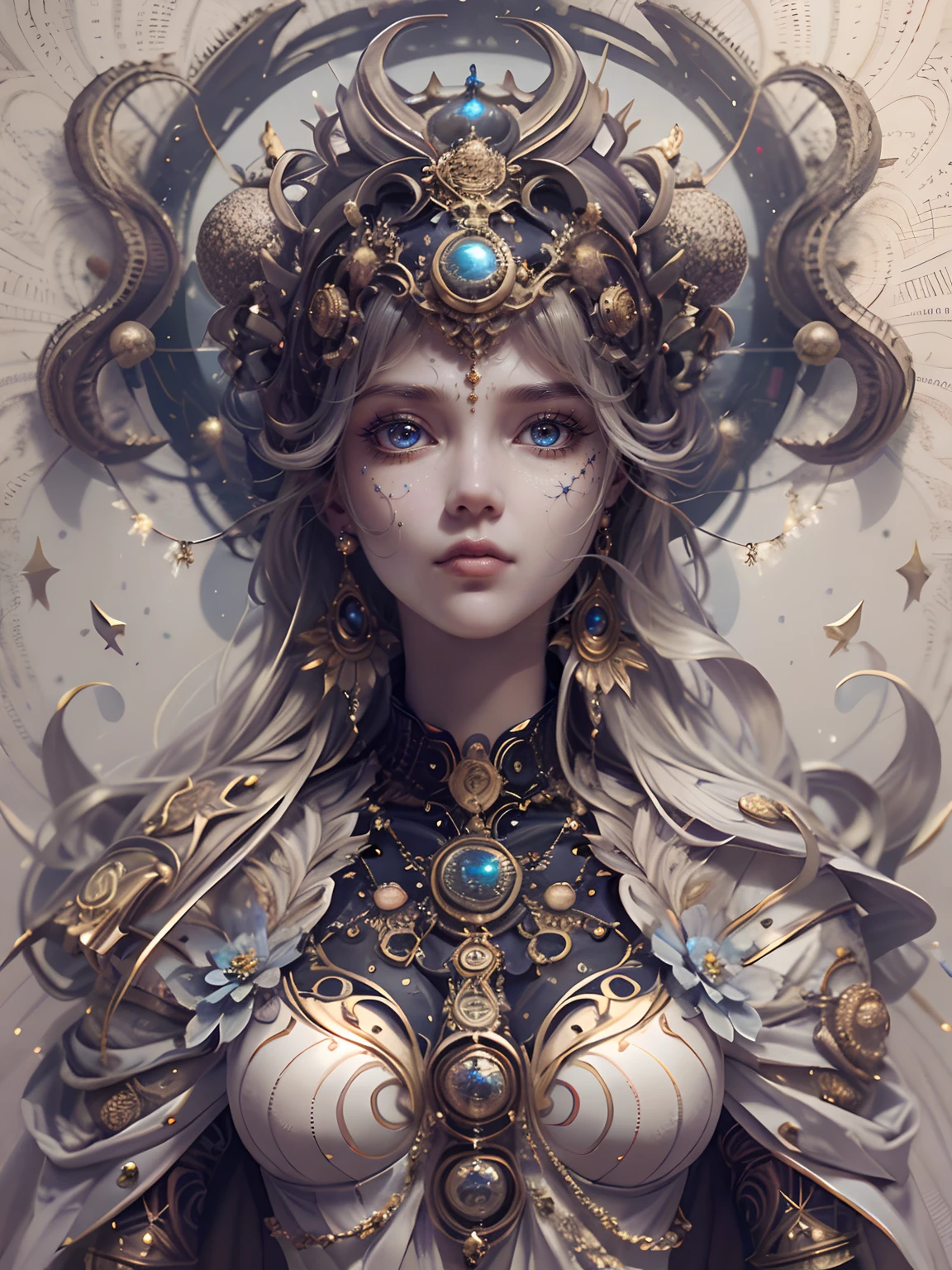 (best qualtiy,ultra - detailed,Most Best Illustration,Best shadow,tmasterpiece,A high resolution,professionalartwork,famousartwork),Detailed eyes,beautidful eyes,closeup cleavage,sci-fy,colored sclera,Robot eyes,face markings,Tattooed with,(fractalized,Fractal eyes),largeeyes,Wide eyes,(Eye focus),sface focus,Cosmic eyes,Space eyes,Close-up of metal sculpture of a woman with a moon in her hair,goddes。extremly high detail,3 d goddess portrait,Extremely detailed footage of the goddess,a stunning portrait of a goddess,Side image of the goddess,portrait of a beautiful goddess,Full body close-up portrait of the goddess,hecate goddess,portrait of a norse universe goddess,goddess of space and time