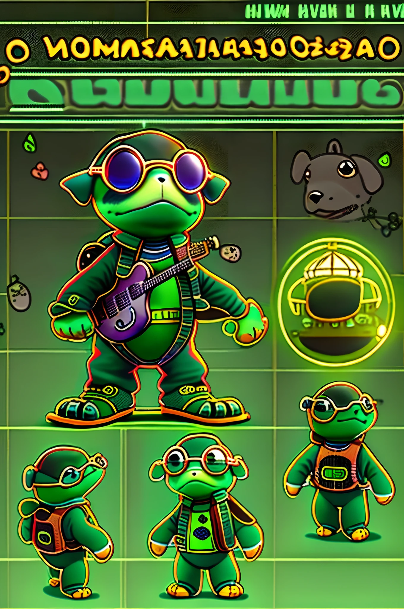 anthropomorphic turtle，o cachorrinho，（Rock puppy：1.4），Trendy clothing，wears dark glasses，plays the guitar，Madness，Fluttering musical symbols，ball room，lamplight，Spotlights，8K，super-fine，full bodyesbian，best qualtiy，独奏