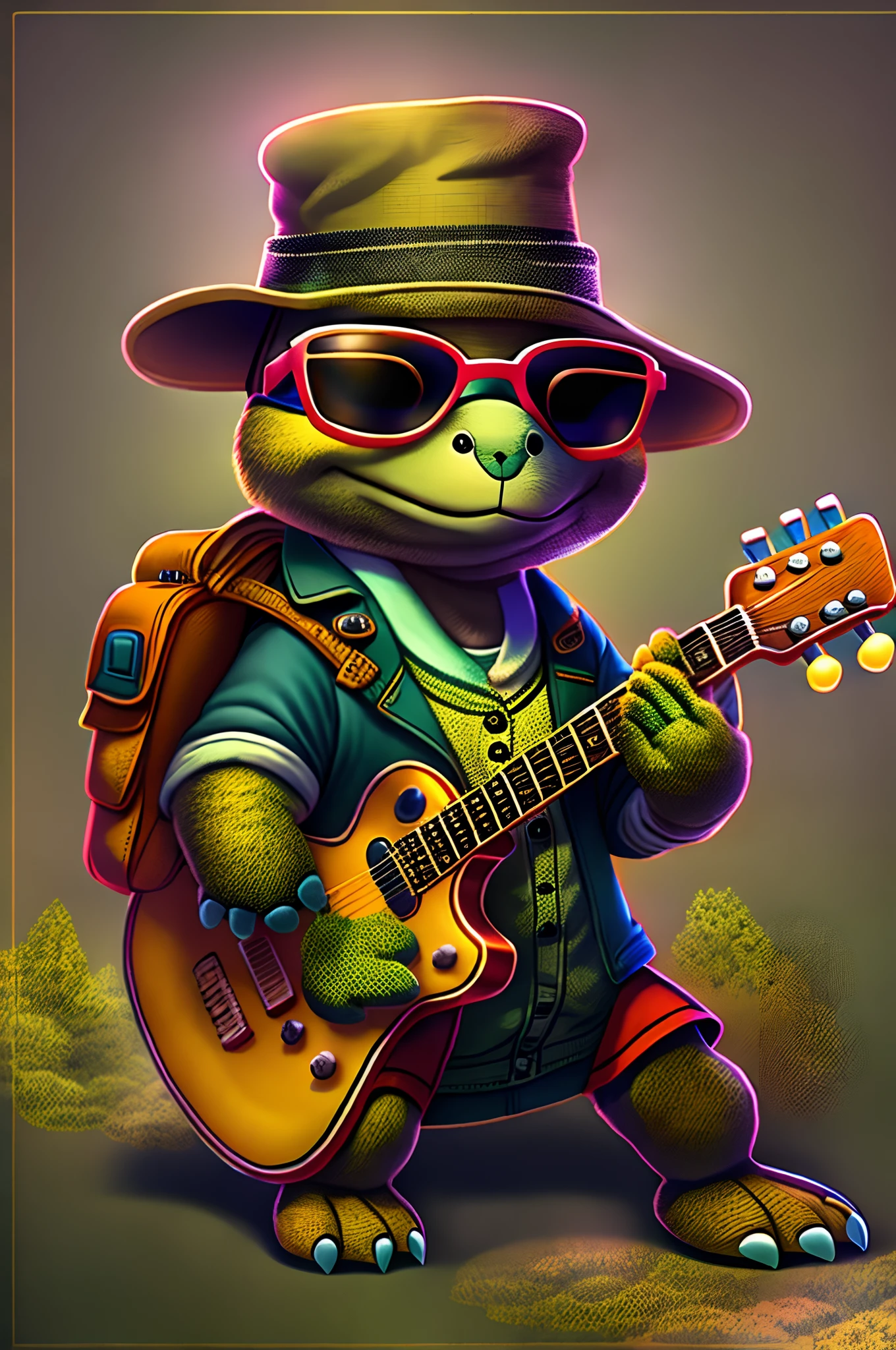 anthropomorphic turtle,o cachorrinho,(Rock puppy:1.4),Trendy clothing,wears dark glasses,plays the guitar,Madness,Fluttering musical symbols,ball room,lamplight,Spotlights,8K,super-fine,full bodyesbian,best qualtiy,独奏