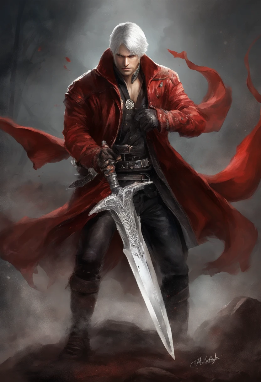 Nero de Devil May Cry 4, traje de assassino com capuz, Holding two magic swords,Entre na aldeia em chamas, (intricada: 1.4) (Master Parts: 1.4) (illustration: 1.4), red studio lighting, Post-processing, 8K resolution, fundo escuro profundo, imponente, Fotos bem compostas, impressionante, fantacidade sombria (Diretor: Hidetaka Miyazaki: 1.2), (escurecer: 1.5)