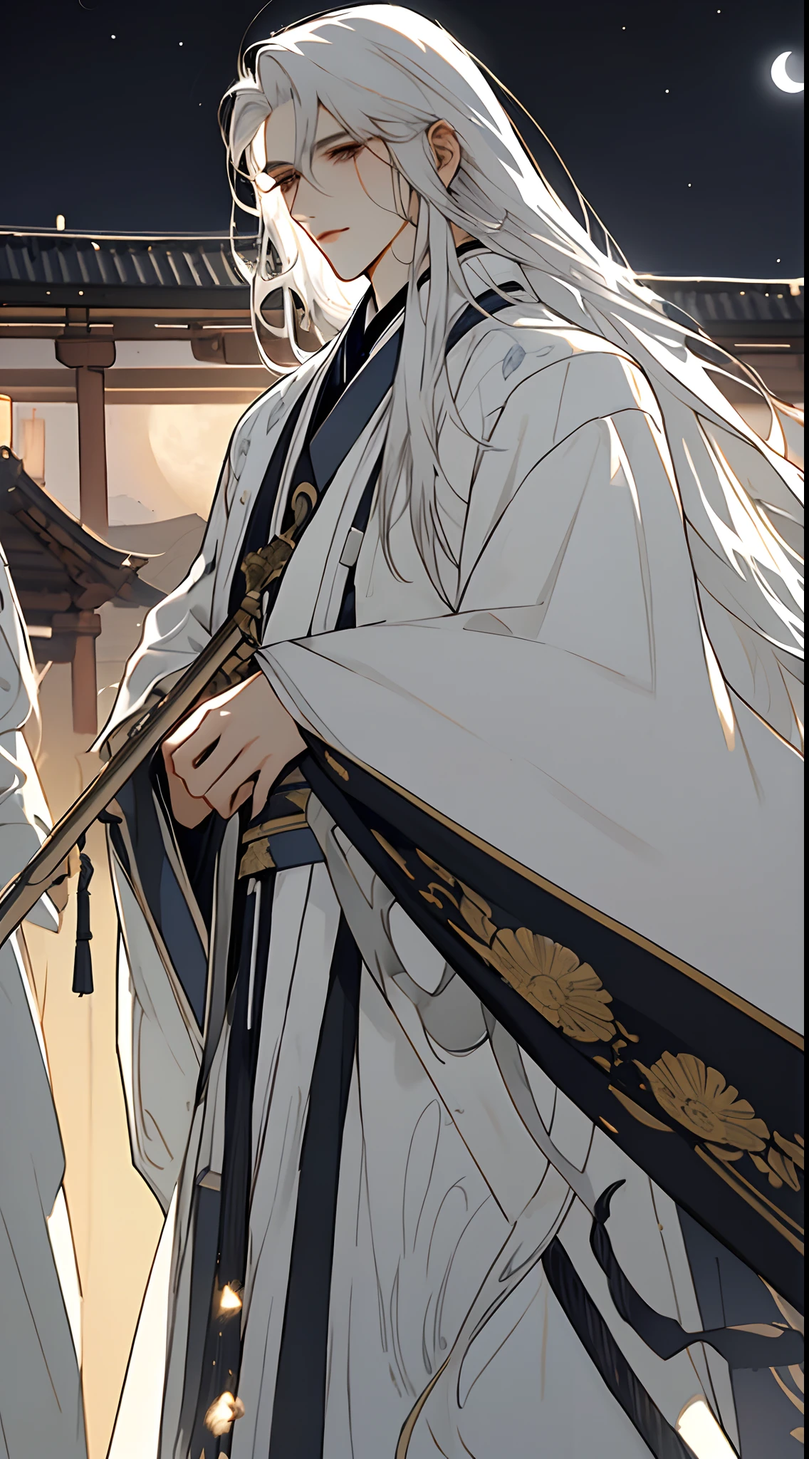 The male，Male，White Hanfu，long  white hair，Long flowing hair，Wide robe with large sleeves，Ancient wind，Solid color clothes，The clothes do not have any patterns，laughingly，softlighting，water ink，Behind it is the full moon，low-saturation，low-contrast，floodlight