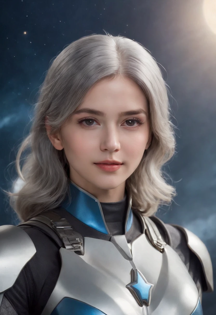 Best Quality, Ultra High Resolution, (Realism: 1.4), Depth of Field, Beautiful Face, (PureErosFace_V1: 0.8), Halfbody, | | 1girl, medium chest, (gray hair: 1.3), innocent smile, natural makeup, | | | Model pose, | | (Spacesuit: 1.3), (Blue Armor: 1.3), Exquisite Design, | | Space Background, Stars_(Sky), Moonlight, Night, | |