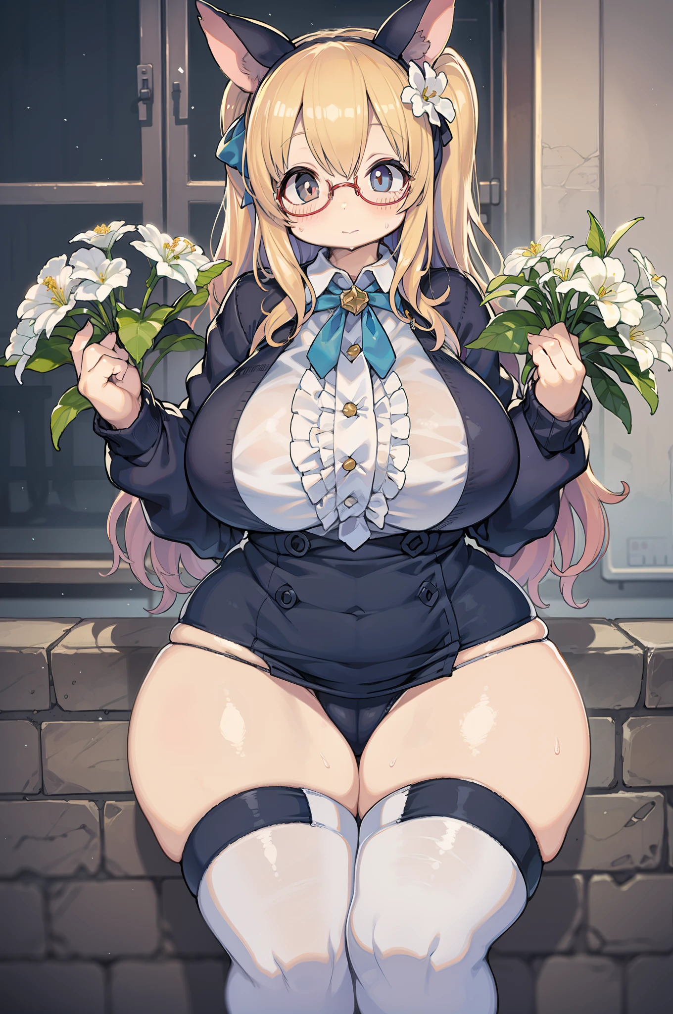 Two-dimensional girl enjoying flowers、huge-breasted、big round glasses、bbw,Large Thigh