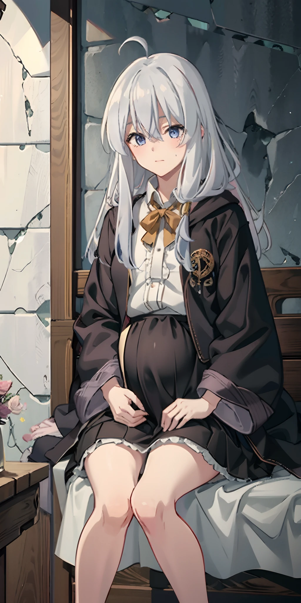 Elaina,anime girl, lwhite shirt,black skirt,black cloak, pake face, sweating, heavy breath, blushing, pregnant, spread legs, (best quality:1.2), ultra-detailed,realistic ,portraits, vivid colors, soft lighting, interesting PoV,