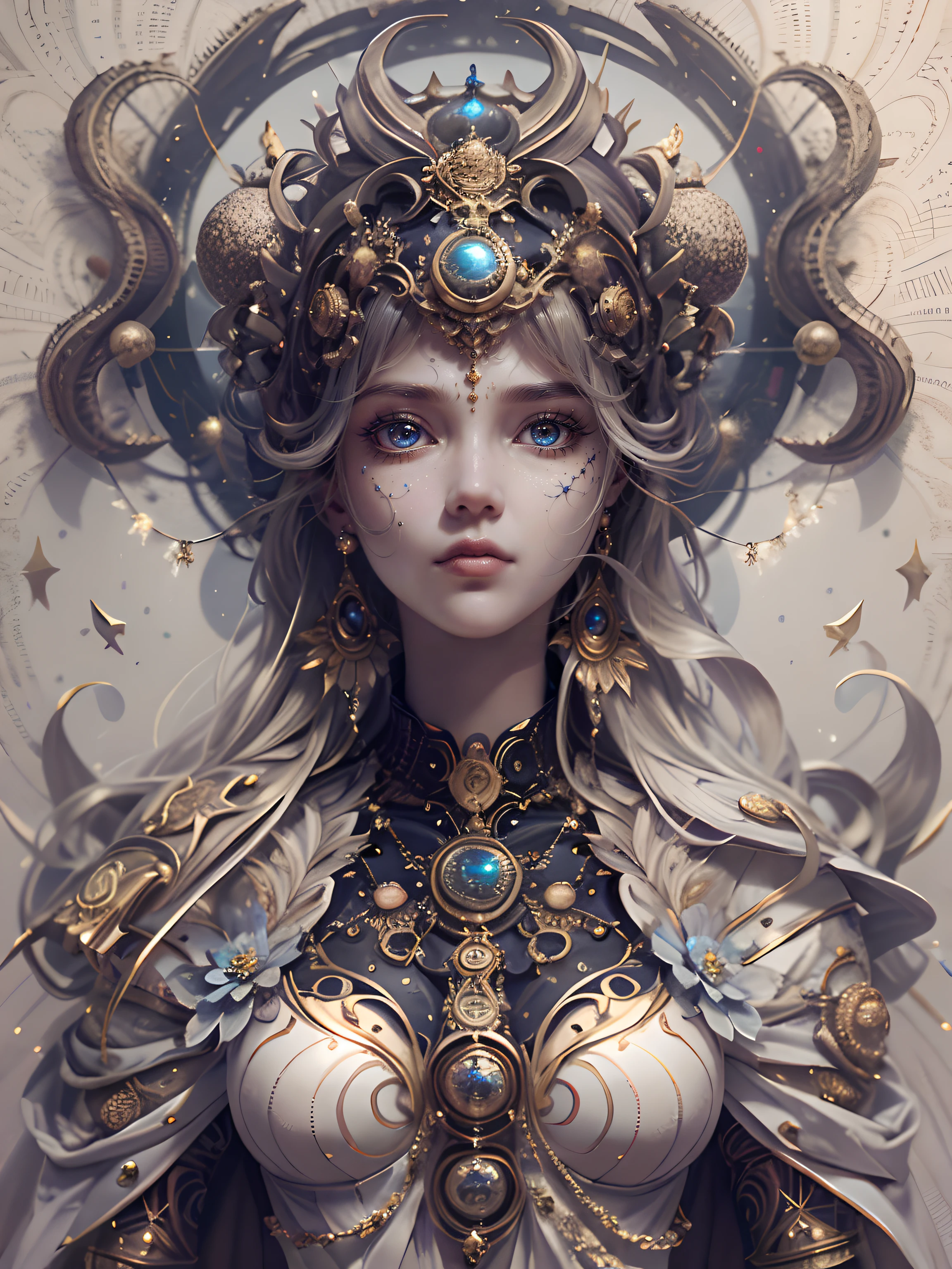 (best qualtiy,ultra - detailed,Most Best Illustration,Best shadow,tmasterpiece,A high resolution,professionalartwork,famousartwork),Detailed eyes,beautidful eyes,closeup cleavage,sci-fy,colored sclera,Robot eyes,face markings,Tattooed with,(fractalized,Fractal eyes),largeeyes,Wide eyes,(Eye focus),sface focus,Cosmic eyes,Space eyes,Close-up of metal sculpture of a woman with a moon in her hair,goddes。extremly high detail,3 d goddess portrait,Extremely detailed footage of the goddess,a stunning portrait of a goddess,Side image of the goddess,portrait of a beautiful goddess,Full body close-up portrait of the goddess,hecate goddess,portrait of a norse universe goddess,goddess of space and time