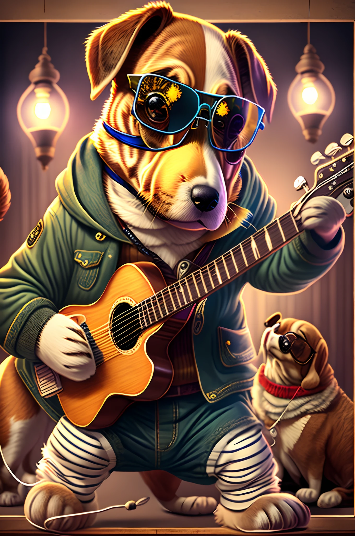 anthropomorphic turtle,o cachorrinho,(Rock puppy:1.4),Trendy clothing,wears dark glasses,plays the guitar,Madness,Fluttering musical symbols,ball room,lamplight,Spotlights,8K,super-fine,full bodyesbian,best qualtiy,独奏