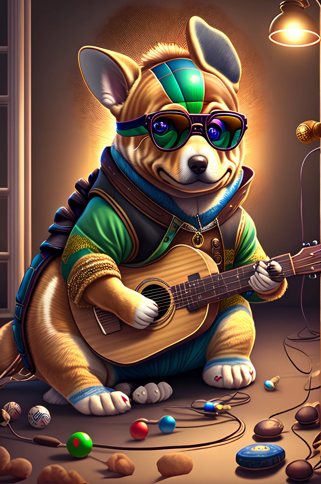 anthropomorphic turtle,o cachorrinho,(Rock puppy:1.4),Trendy clothing,wears dark glasses,plays the guitar,Madness,Fluttering musical symbols,ball room,lamplight,Spotlights,8K,super-fine,full bodyesbian,best qualtiy,独奏