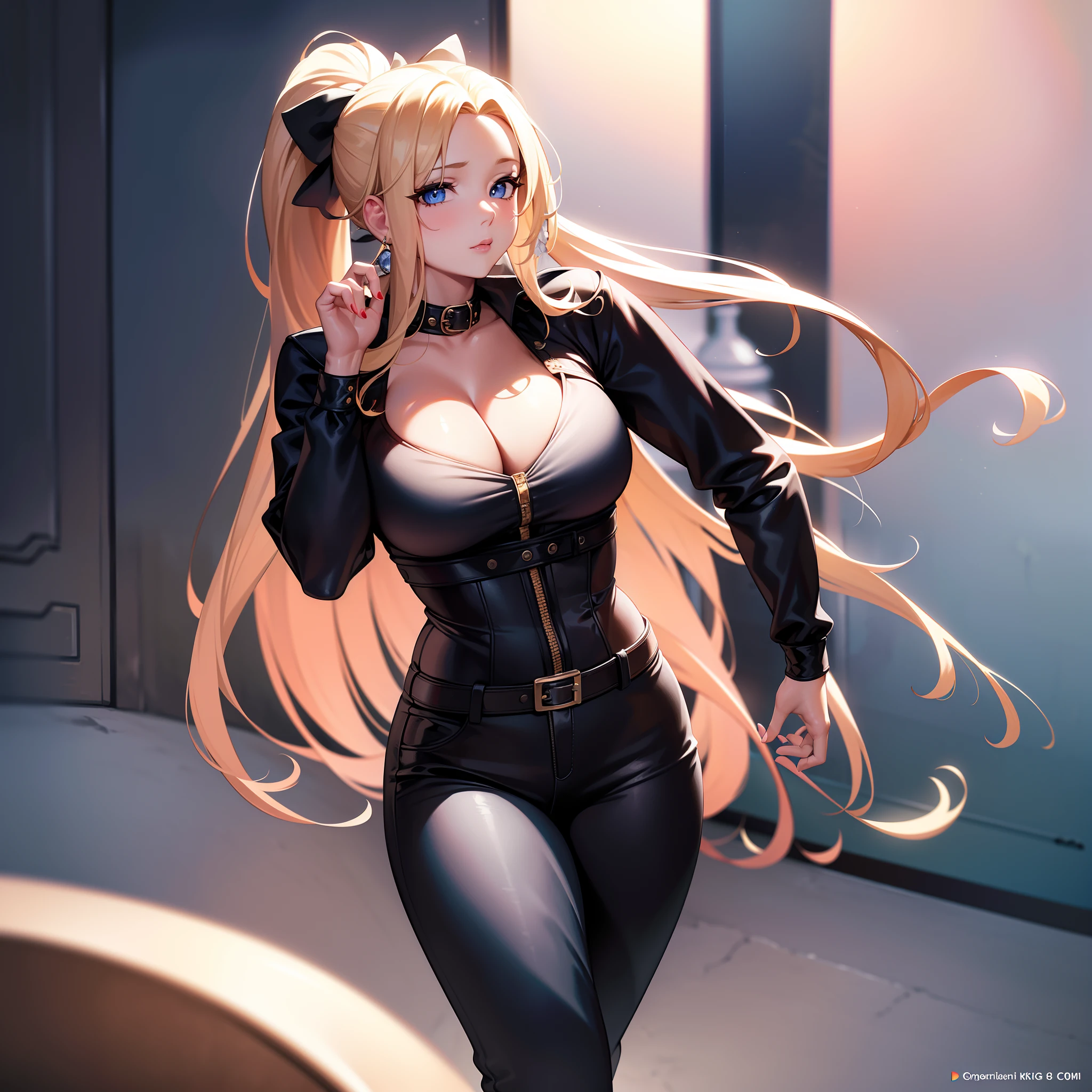 (8k, RAW Photo, Best Quality, Masterpiece:1.2), Ultra Detail, Super Resolution, (Realistic, Realistic Photo:1.37), Portrait, High Detail RAW Color Photo, Professional Photo, Extremely Detailed and Beautiful, Extremely detailed, 8k wallpaper, amazing and detailed, huge file size, official art, 1girl, 40 nches breasts, solo, forehead mark, blonde hair, brown eyes, cleavage, long hair, ponytail,dress, pants,nail polish, beautiful face, perfect eyes,