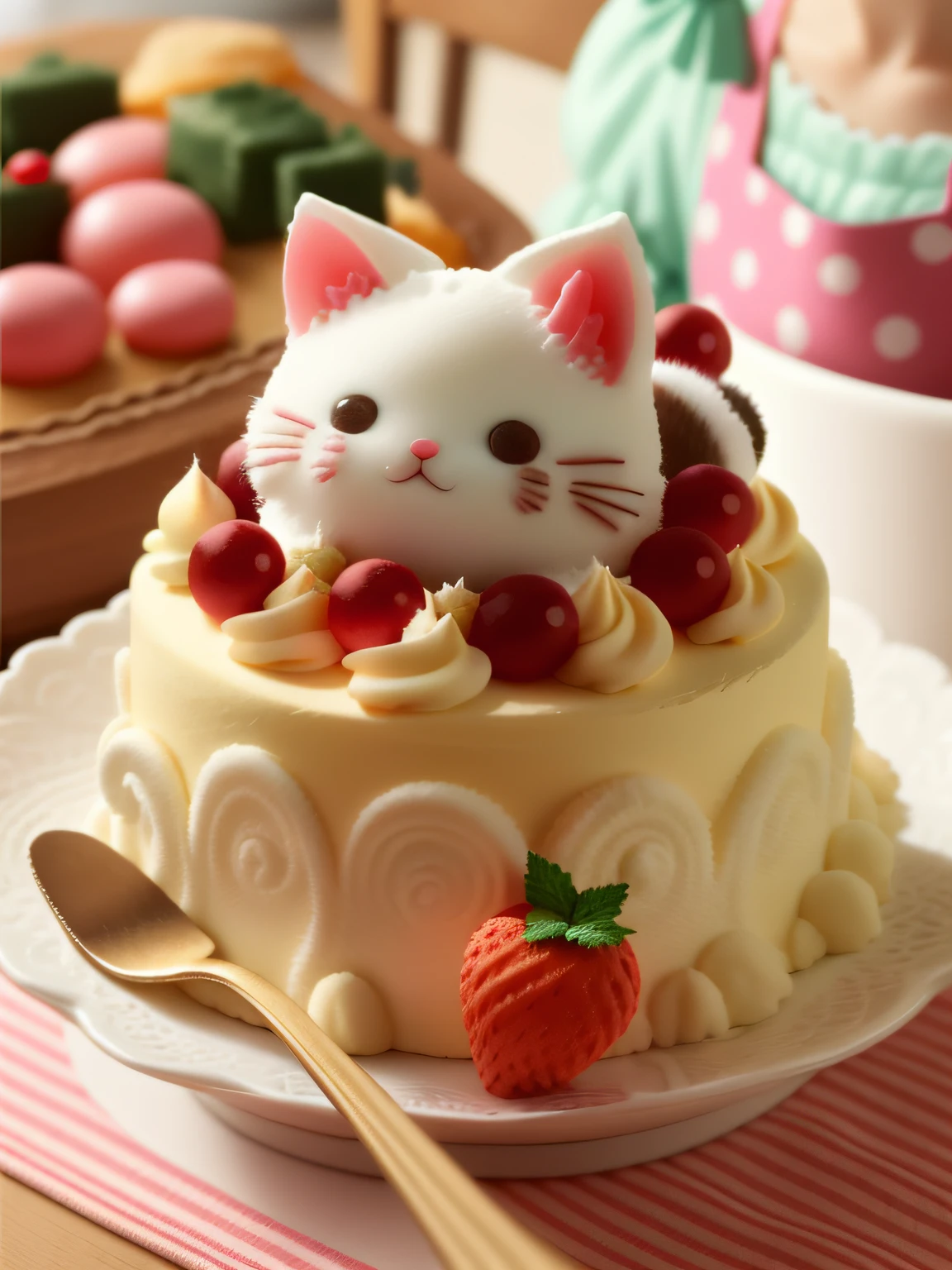Close-up shot,Cute style tabletop,Kitten themed small cake,The background is slightly blurred,The background is decorated with household items and dolls