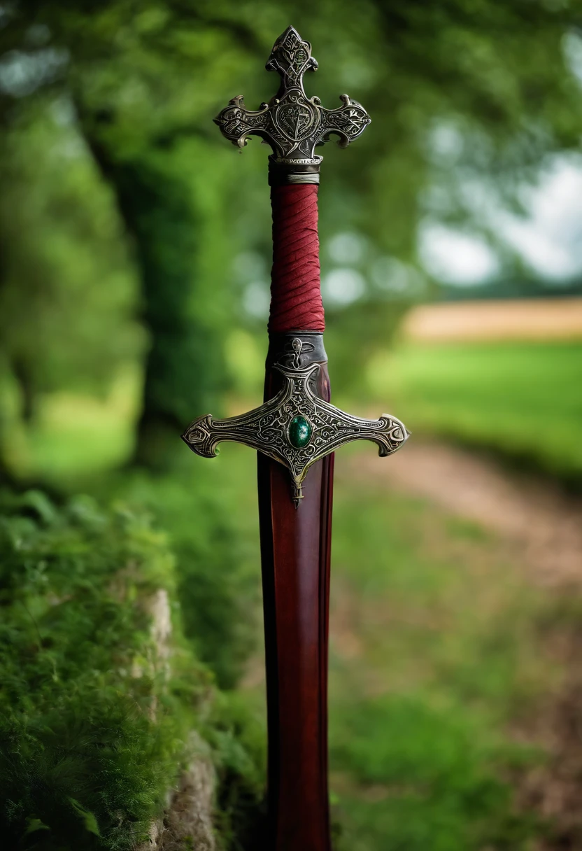 Espada medieval em chama, inteira, fundo verde