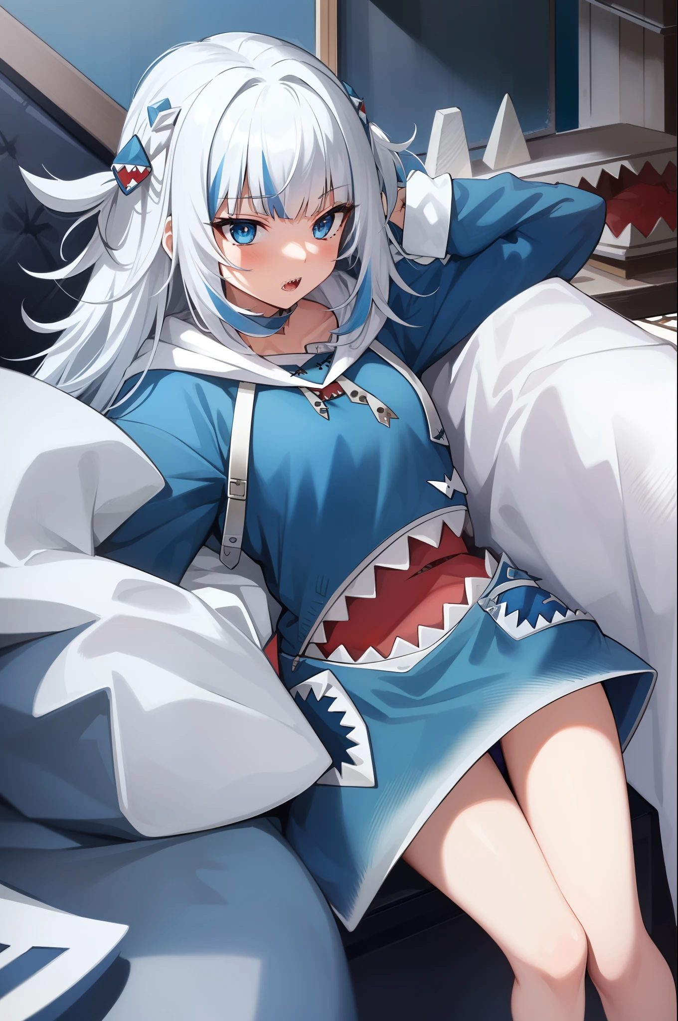 best quality, intricate details, 1girl, white hair, blue eyes, sharp eyes,messy hair, blue highlights, sharp teeth, blue hoodie, shark teeth design, bare legs, hair ornament, gawr gura, shark girl, shark tail, shark print, blue hoodie, sharp teeth, animal hood, shark hair ornament,